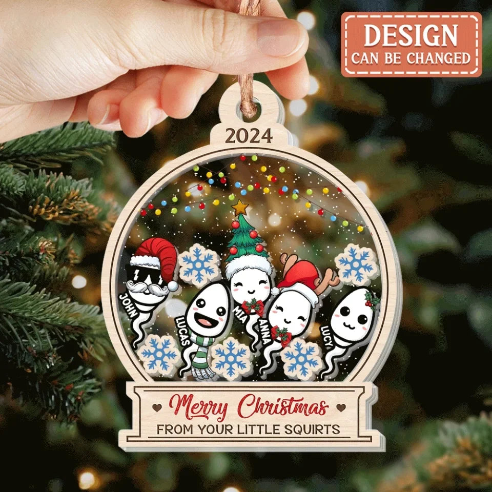 Personalized Christmas 3 Layered Shaker Ornament -  Gift Idea For Father/Mother - Up to 10 Kids - Merry Christmas From Your Little Squirts