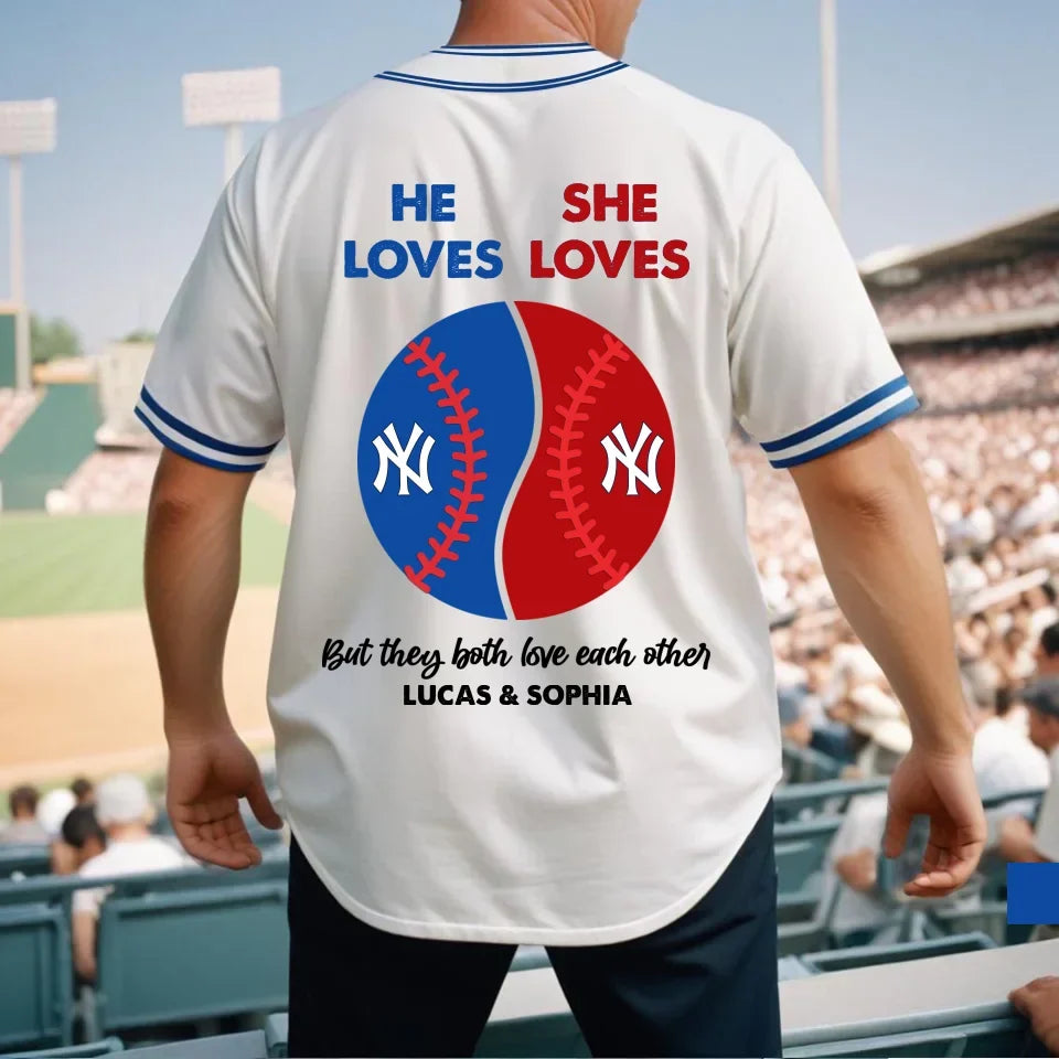 Personalized He Loves She Loves All-Over Print Baseball Jersey With Pinstripes - Gift Idea For Couple/Husband/Boyfriend - But They Both Love Each Other
