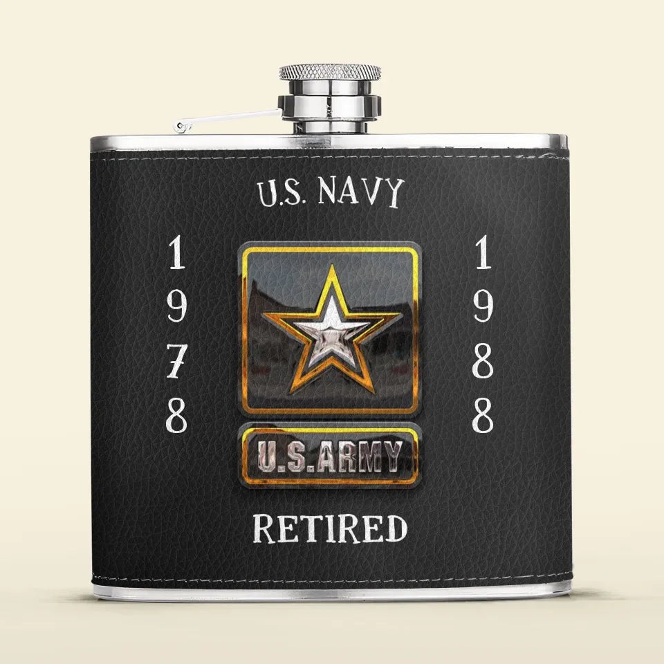 Personalized Retired Veteran Leather Flask - Father's Day Gift Idea for Veteran