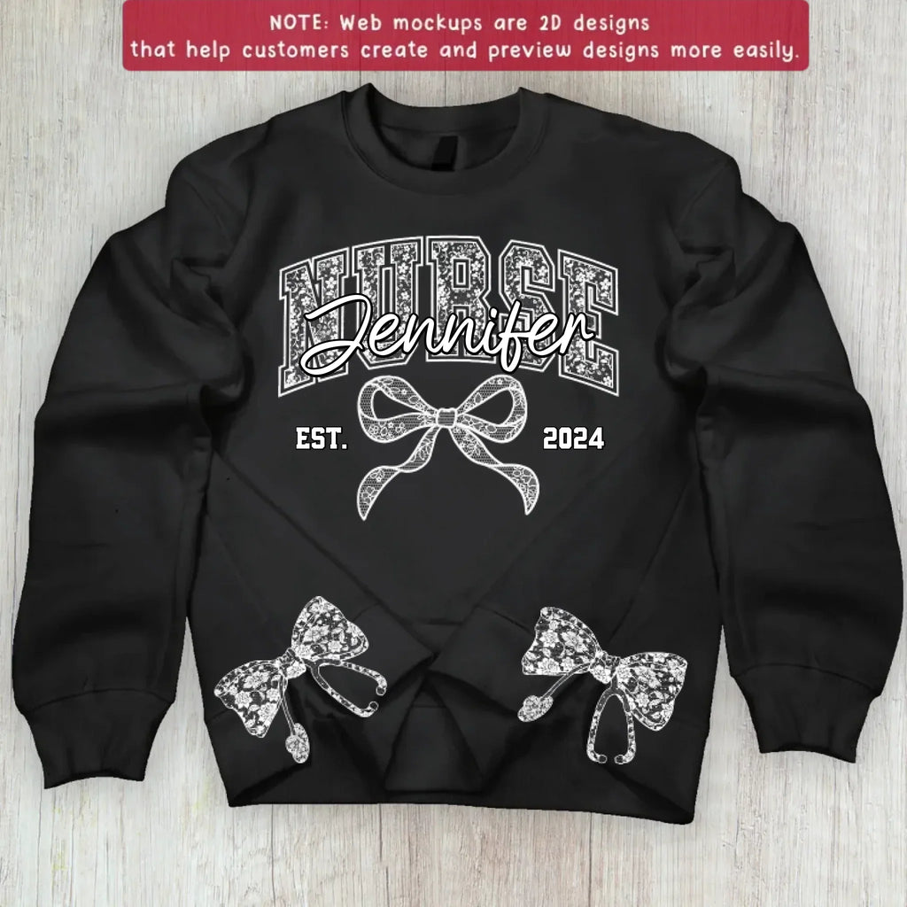 Custom Name And Year Coquette Nurse Split Side Bow Embroidered Sweater - Gift Idea For Nurse