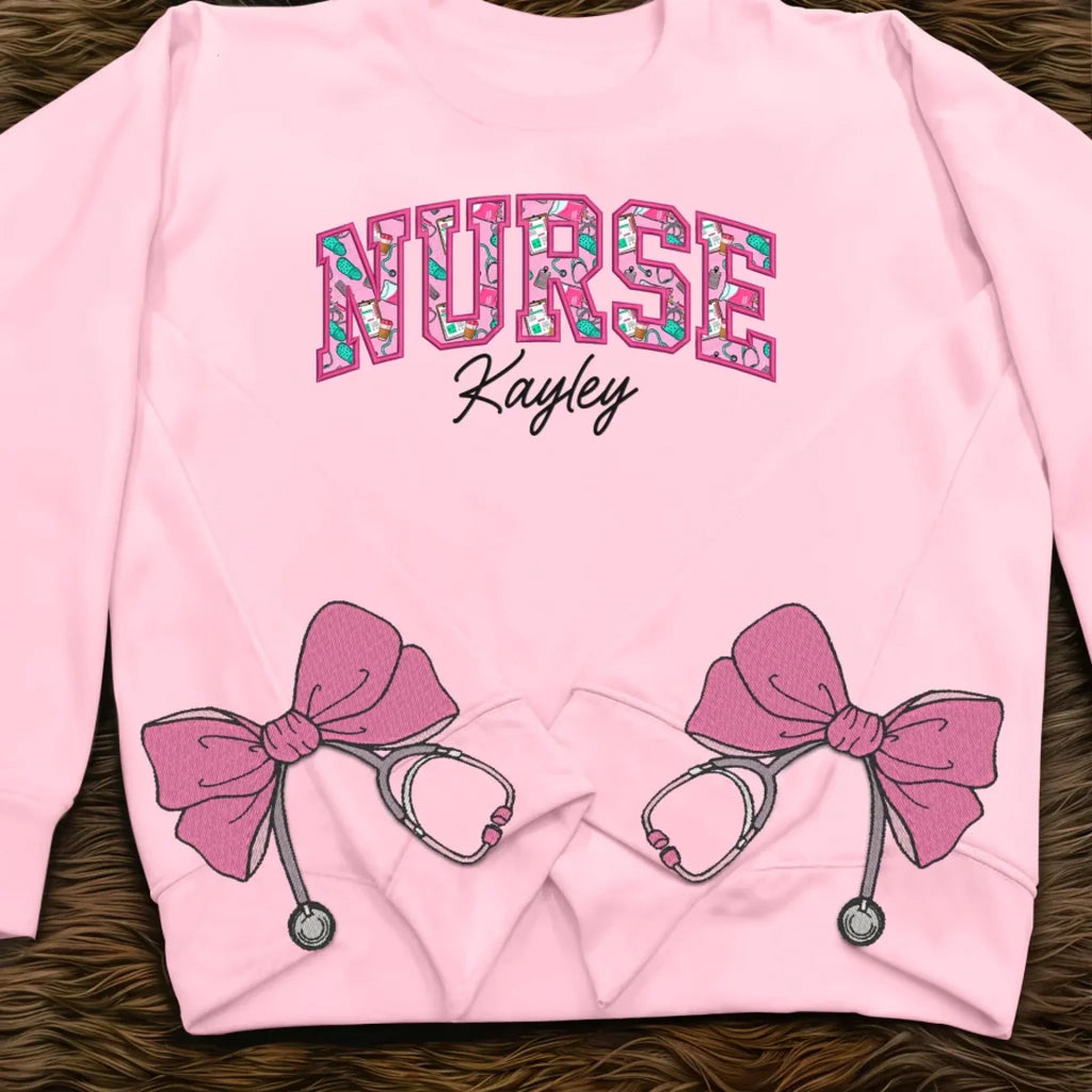 Personalized Applique Nurse Embroidered Side Bow Sweatshirt - Gift Idea For Nurse