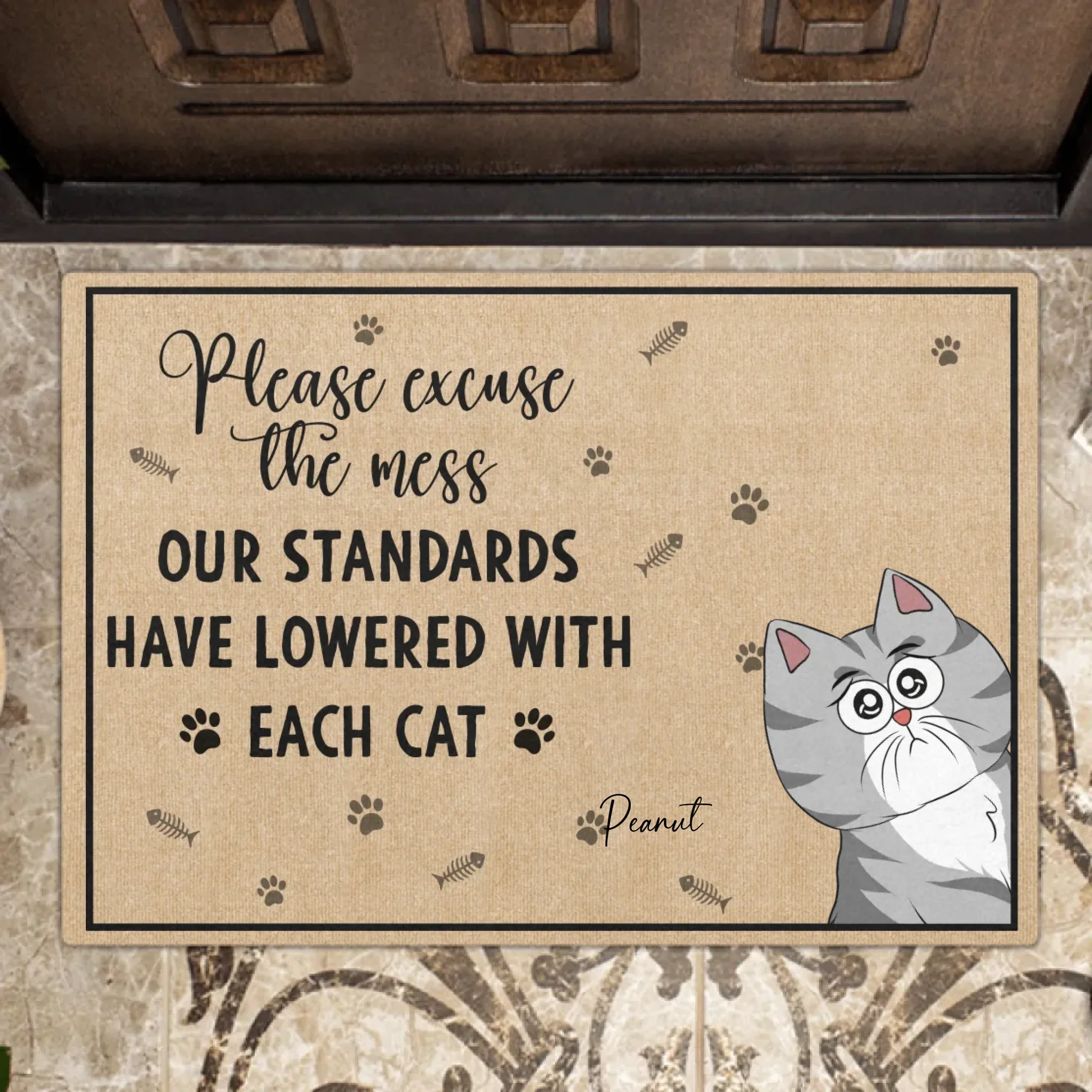 Personalized Cats Doormat - Up to 7 Cats - Gift Idea For Cat Lover - Please Excuse The Mes Our Standards Have Lowered With Each Cat