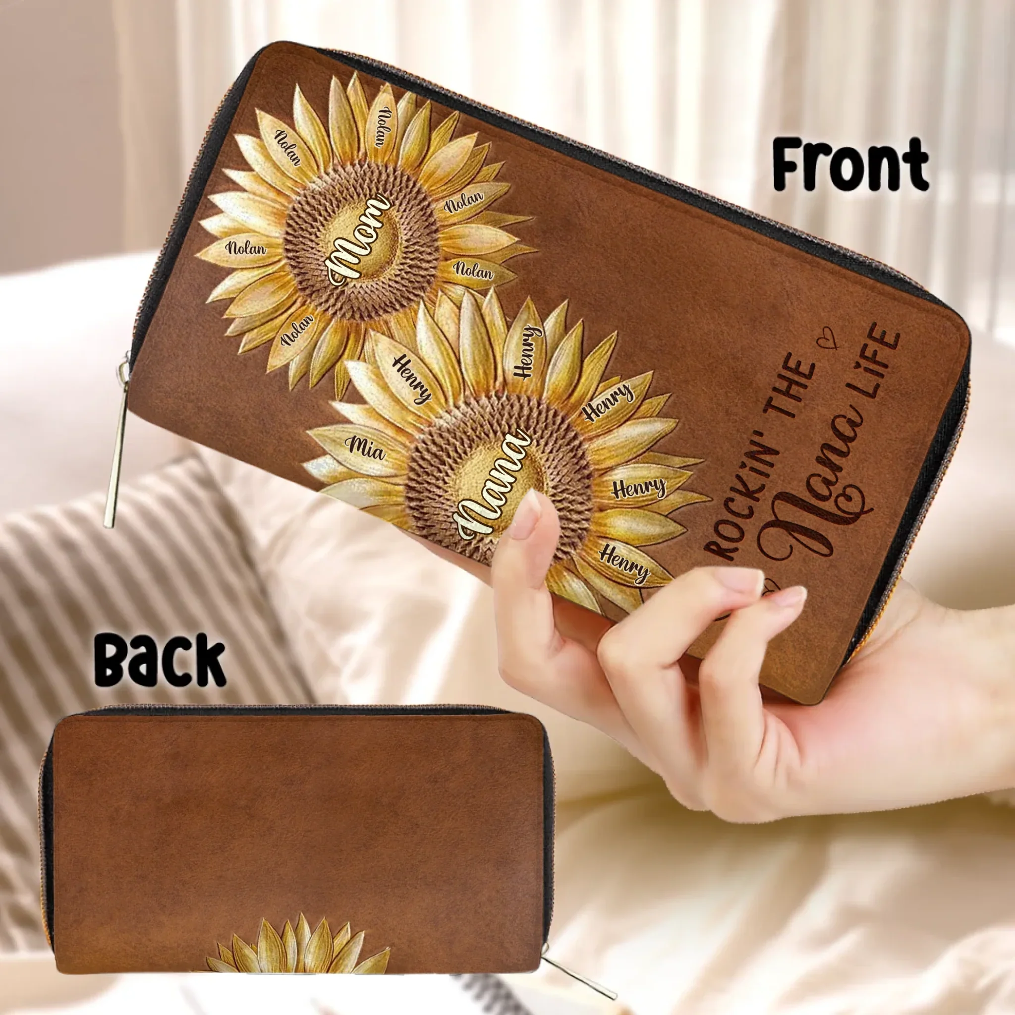 Personalized First Mom Now Grandma Sunflower Long Wallet - Best Mother's Day Gift Idea - Rockin's The Nana Life