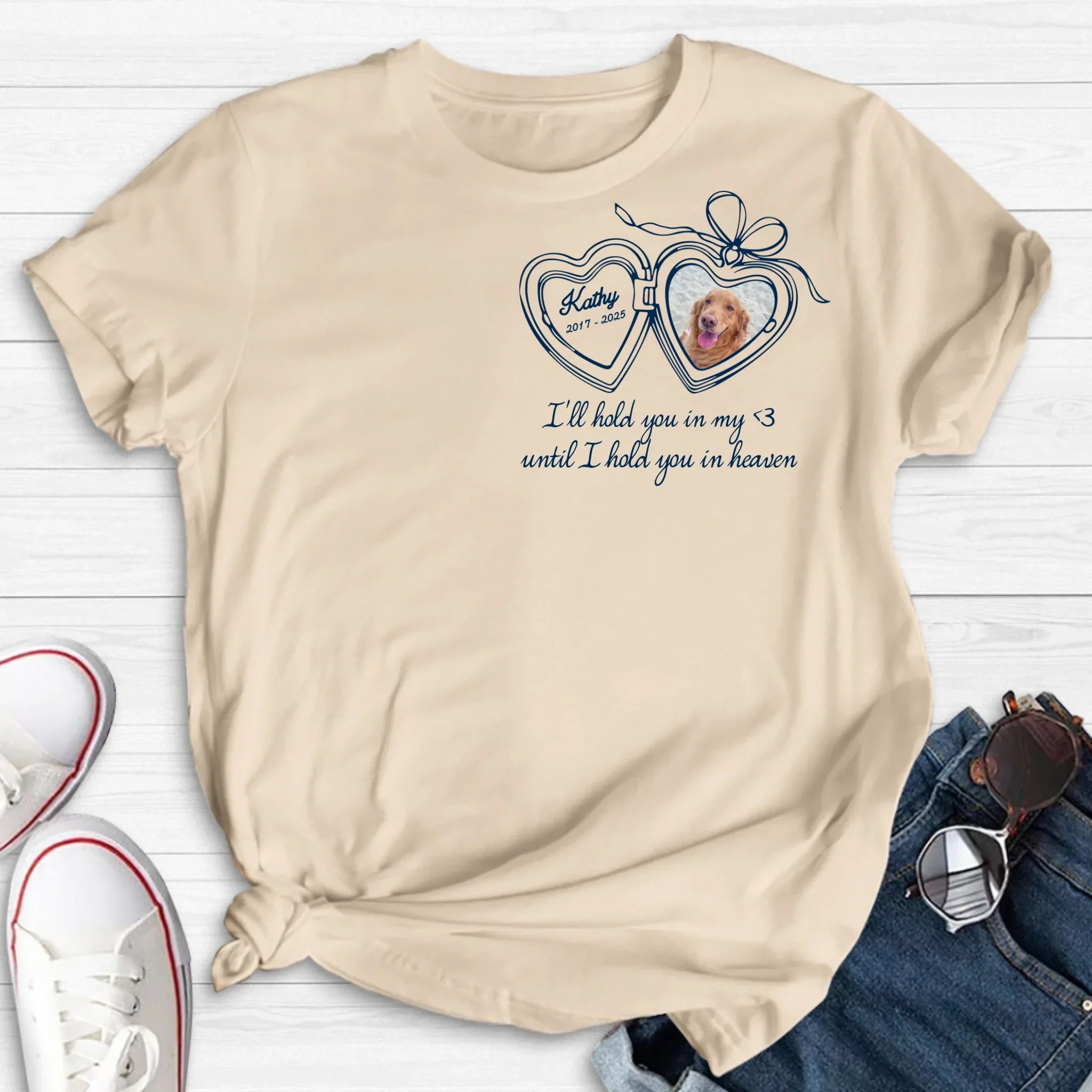 Personalized Memorial Pet Heart Locket T-Shirt/ Sweatshirt/ Hoodie - Gift Idea For Dog Lovers - I'll Hold You In My Heart