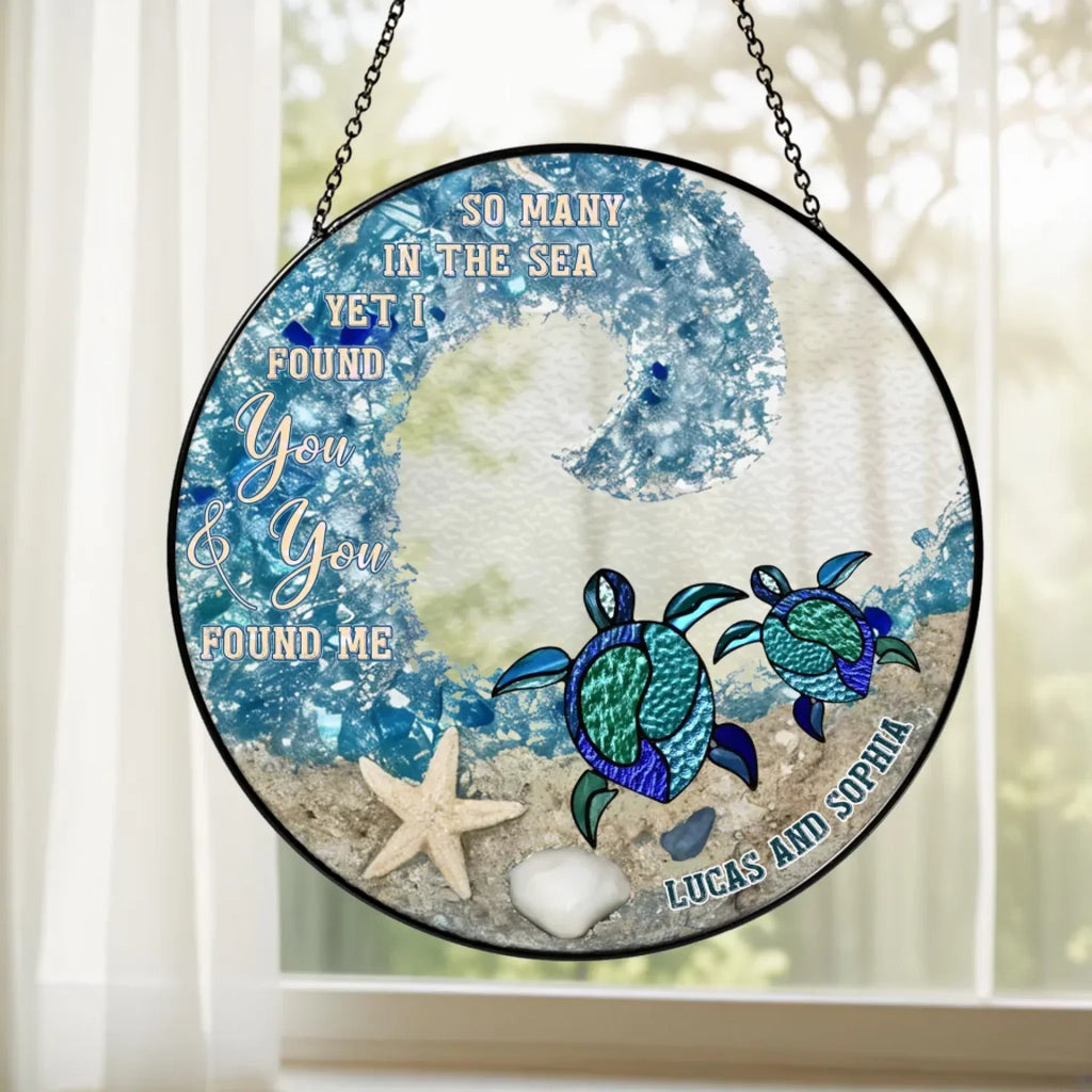 Personalized Sea Turtle Couple Stained Glass Suncatcher Hanging Ornamnent - Gift Idea For Couple / Mother's Day Gift To Wife From Husband