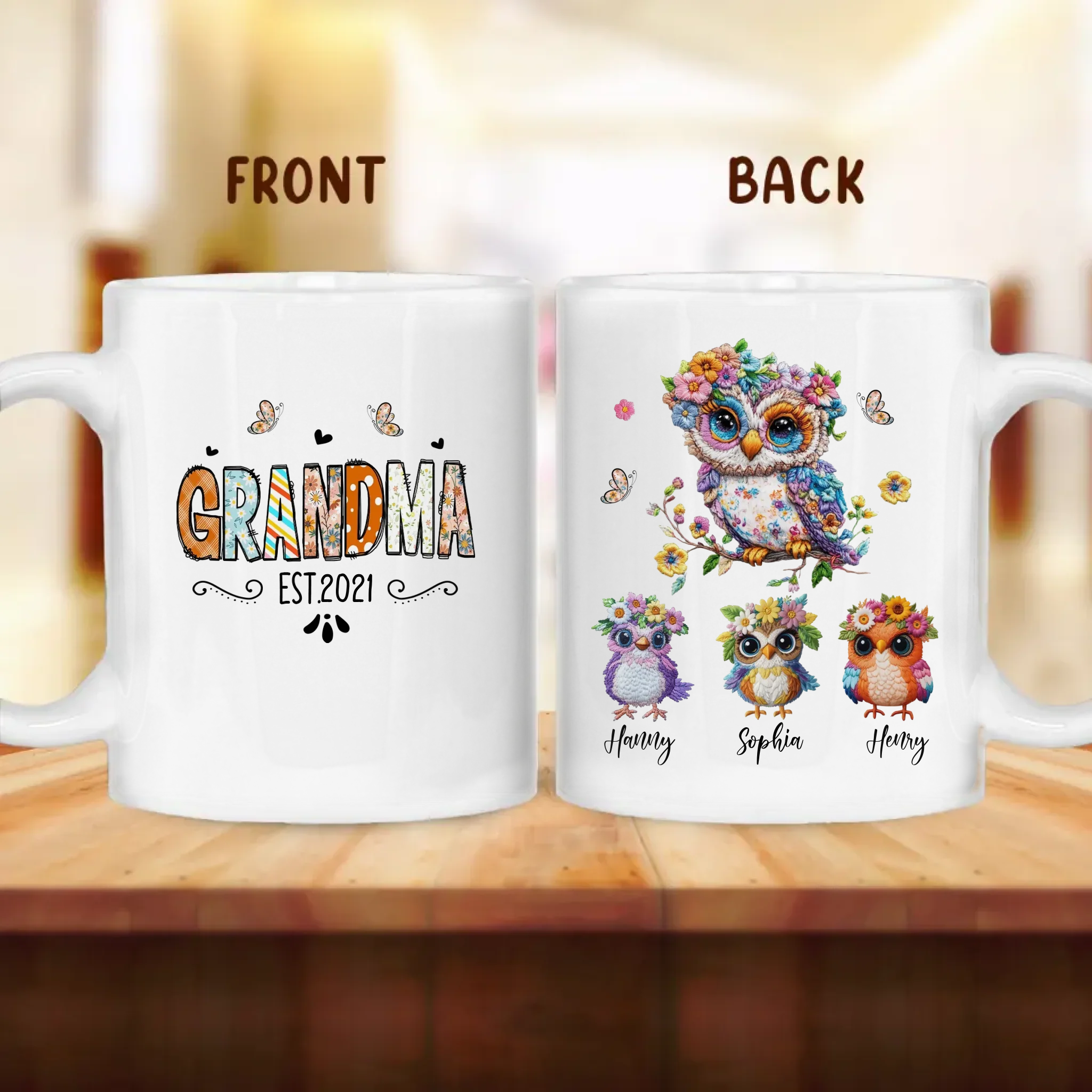 Personalized Owl Grandma Embroidered Effect Design Coffee Mug - Up to 6 Kids - Mother's Day Gift Idea for Grandma