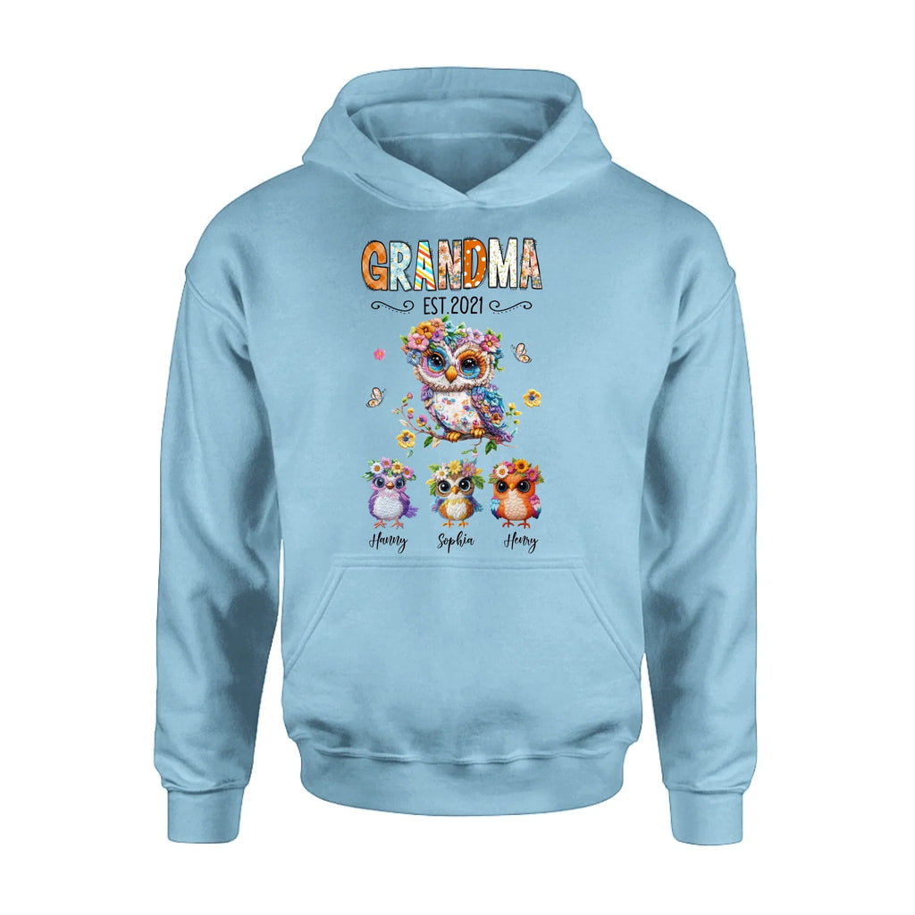 Personalized Owl Grandma Embroidered Effect Design Shirt/Hoodie - Up to 6 Kids - Mother's Day Gift Idea for Grandma/Mom