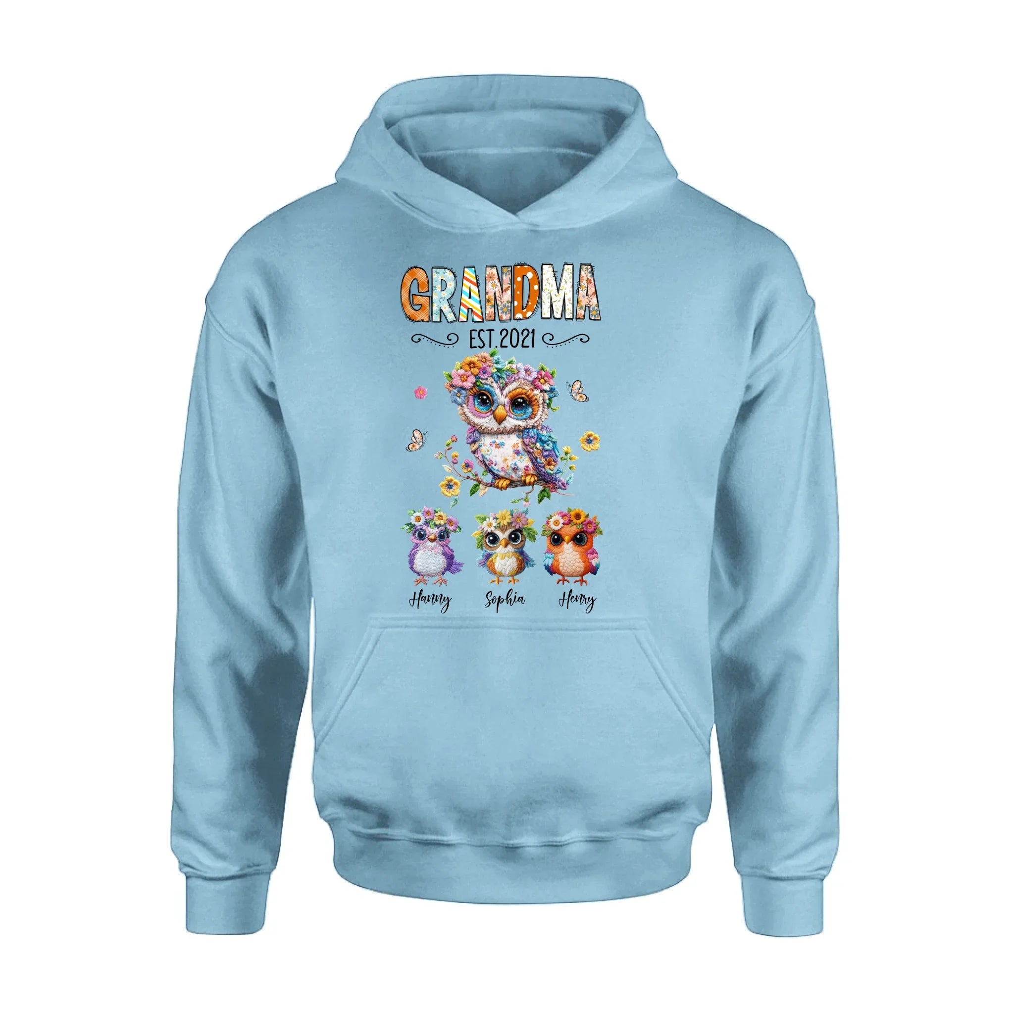 Personalized Owl Grandma Embroidered Effect Design Shirt/Hoodie - Up to 6 Kids - Mother's Day Gift Idea for Grandma/Mom