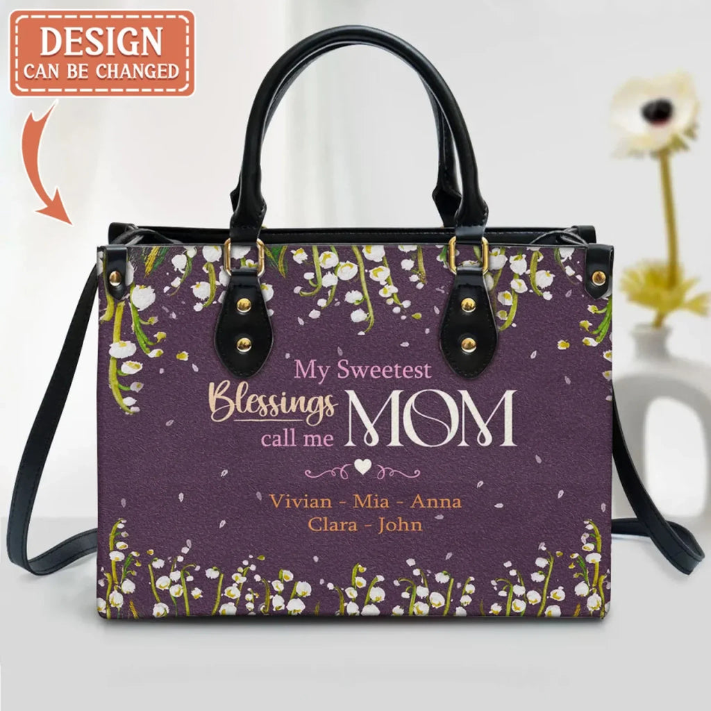 Personalized Mom PU Leather Handbag With Long Straps - Mother's Day Gift To Mom/ Grandma From Kids