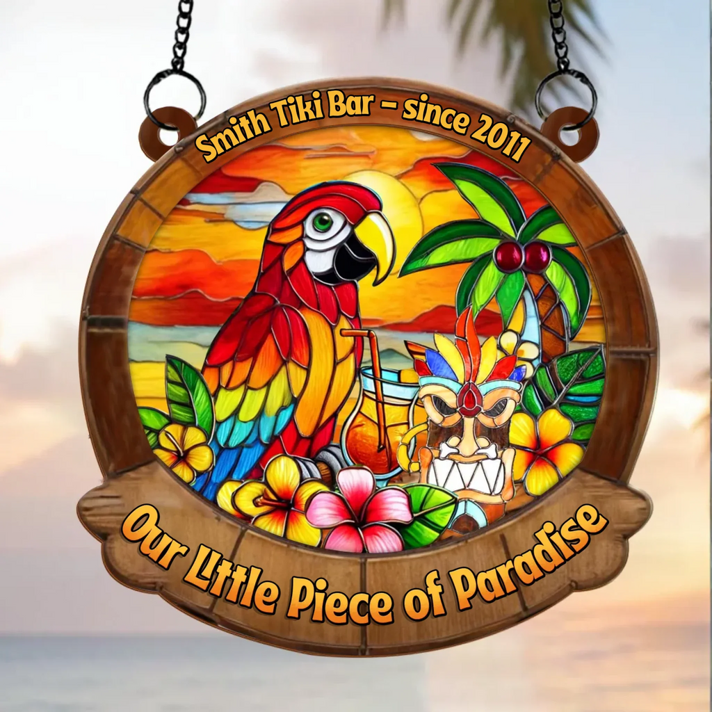 Personalized Tiki Bar Suncatcher - Gift Idea For Summer/ Family - Custom Family Name - Our Little Piece Of Paradise