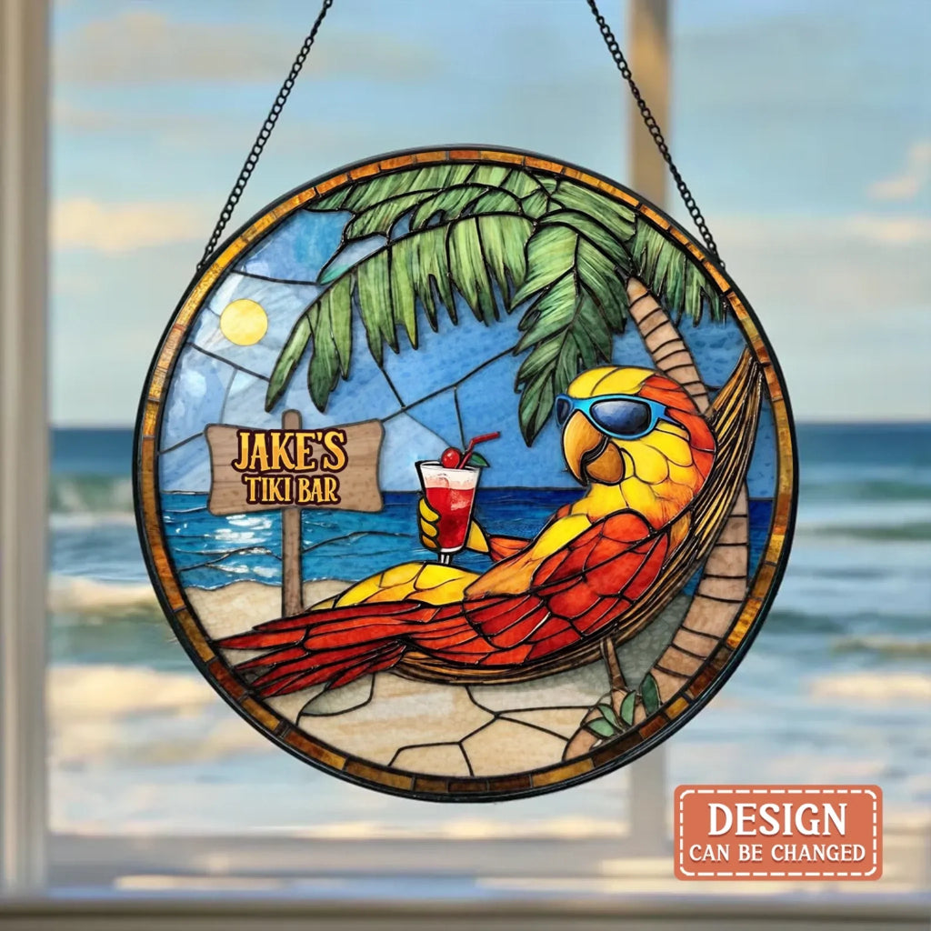 Personalized Tropical Tiki Bar Stained Glass Suncatcher -  Summer Gift Idea for Family
