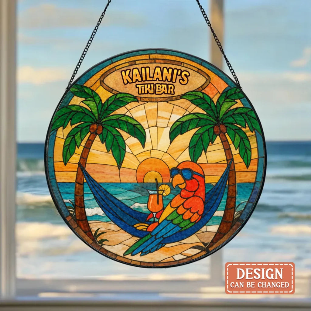 Personalized Tropical Tiki Bar Stained Glass Suncatcher -  Summer Gift Idea for Family