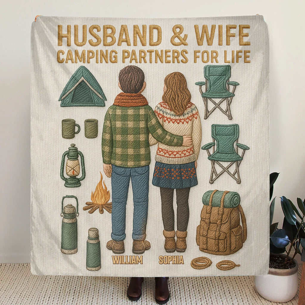 Personalized Toy Box Camping Couple Quilt/Fleece Throw Blanket - Gift Idea For Couple/Camping Lover - Husband And Wife Camping Partners For Life