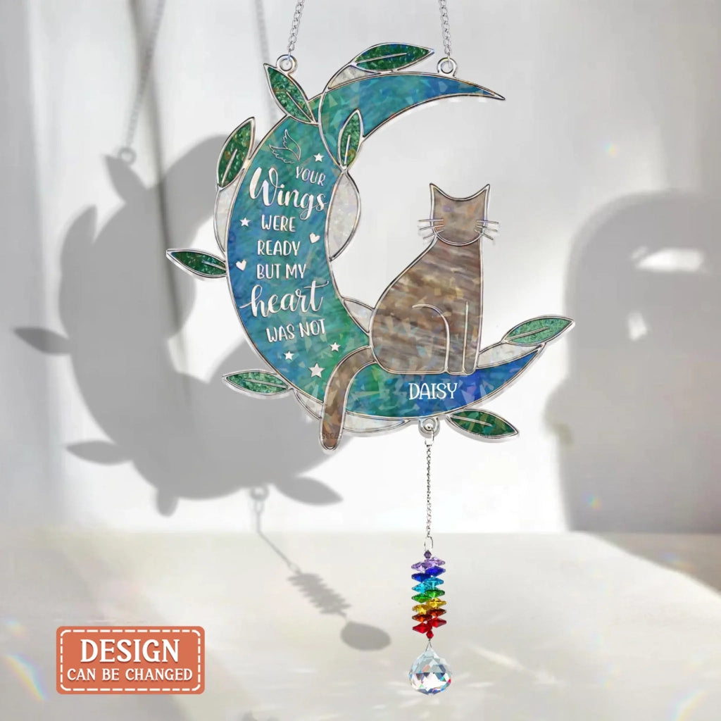 Personlized Cat Memorial Suncatcher Hologram Window Hanging With Crystal Charm - Gift Idea For Cat Owner