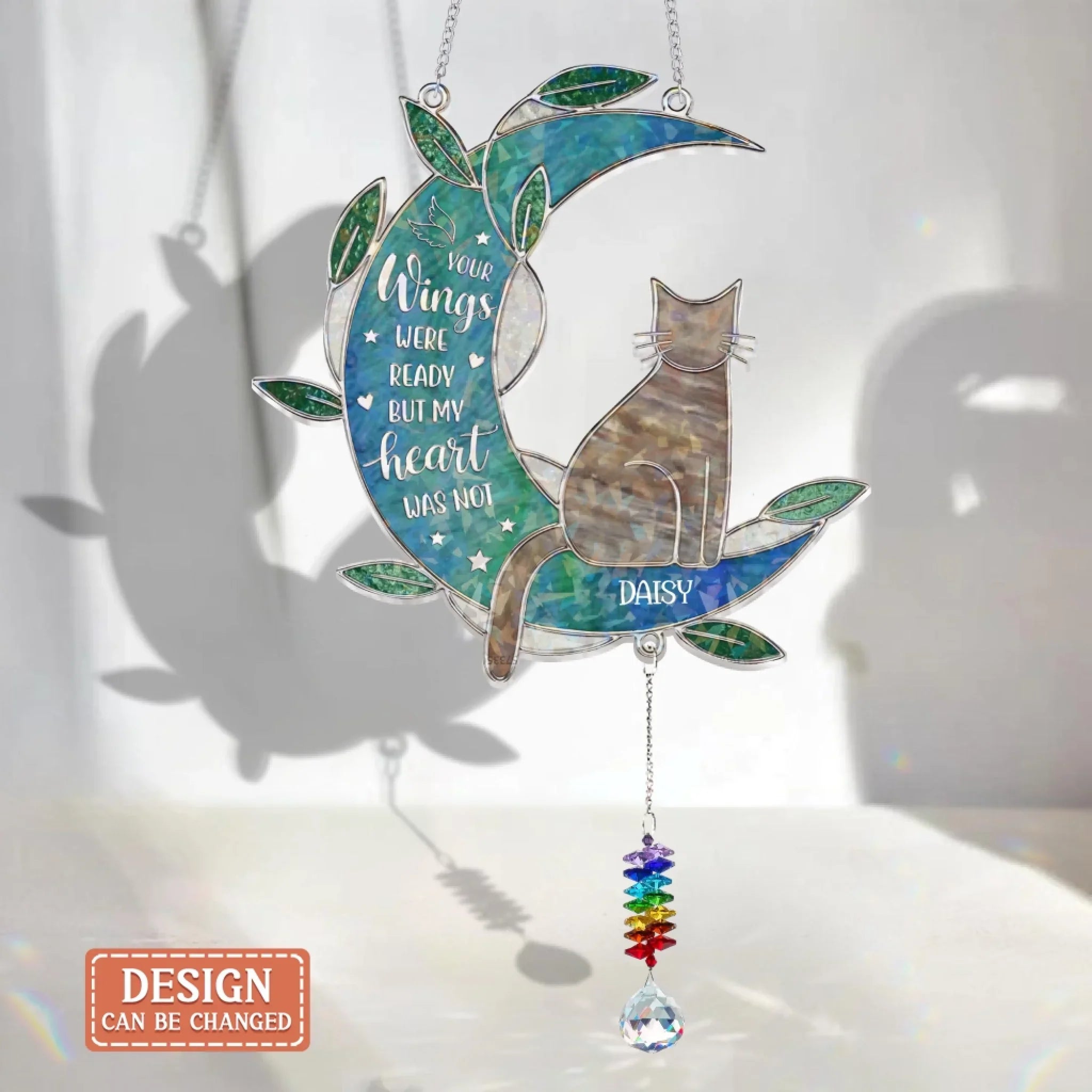 Personlized Cat Memorial Suncatcher Hologram Window Hanging With Crystal Charm - Gift Idea For Cat Owner