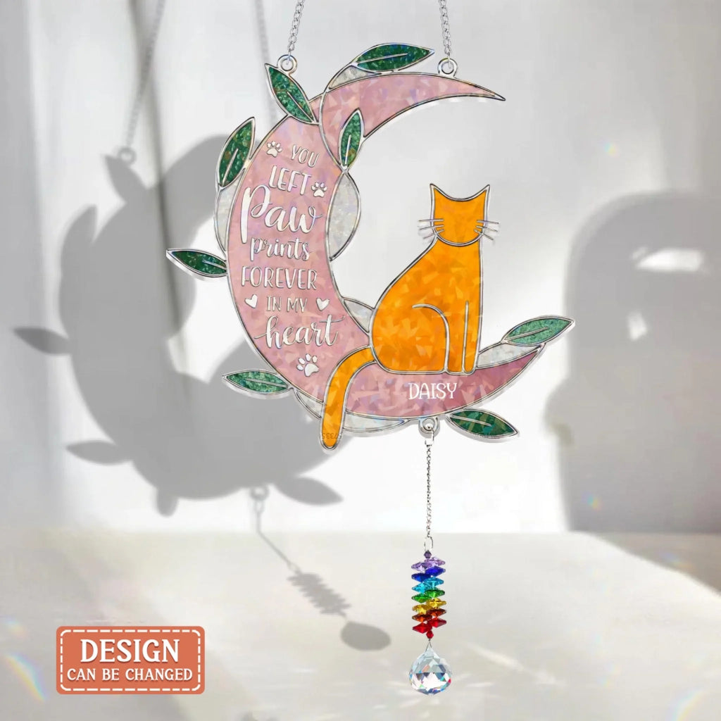Personlized Cat Memorial Suncatcher Hologram Window Hanging With Crystal Charm - Gift Idea For Cat Owner