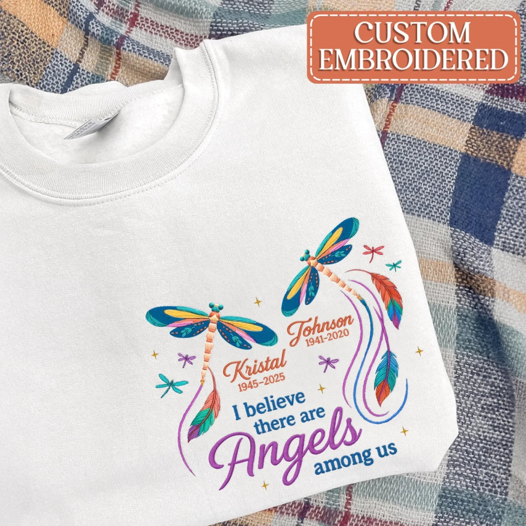 Personalized Memorial Embroidered T-Shirt/Sweater/Hoodie - Memorial Gift Idea - I Believe There Are Angels Among Us