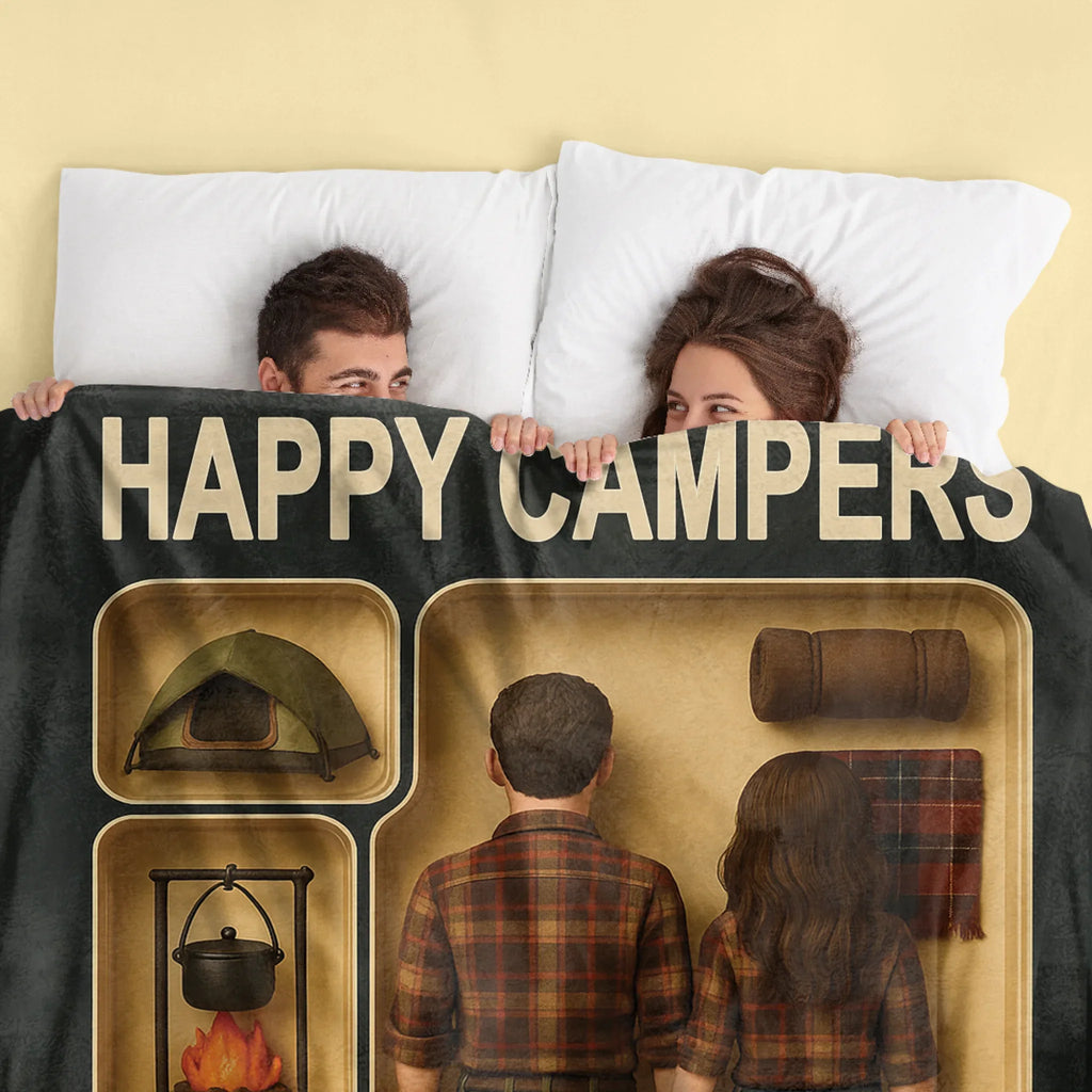 Personalized Camping Couple Toy Box Quilt/Fleece Throw Blanket - Gift Idea For Couple/Camping Lover - Happy Campers