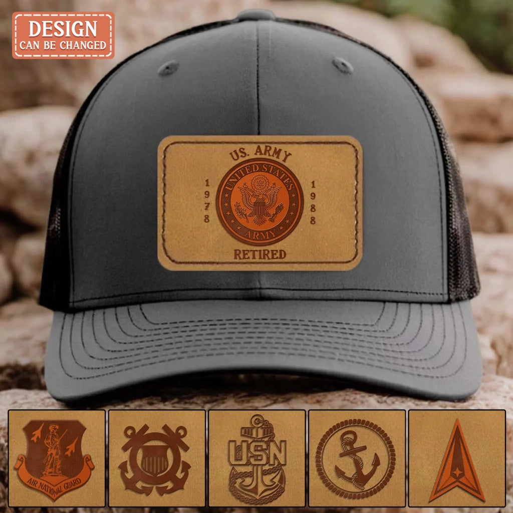 Custom Logo Veteran Retirement Gift Leather Patch Snapback Trucker Cap - Retirement/Veteran Gift For Dad