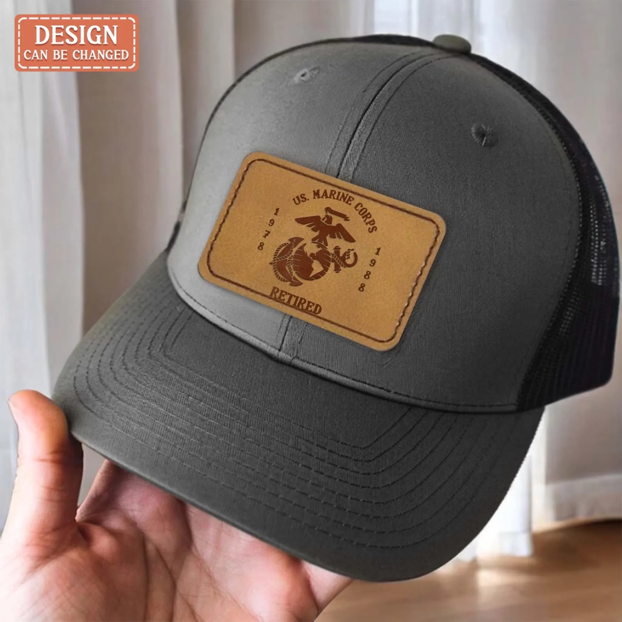 Custom Logo Veteran Retirement Gift Leather Patch Snapback Trucker Cap - Retirement/Veteran Gift For Dad