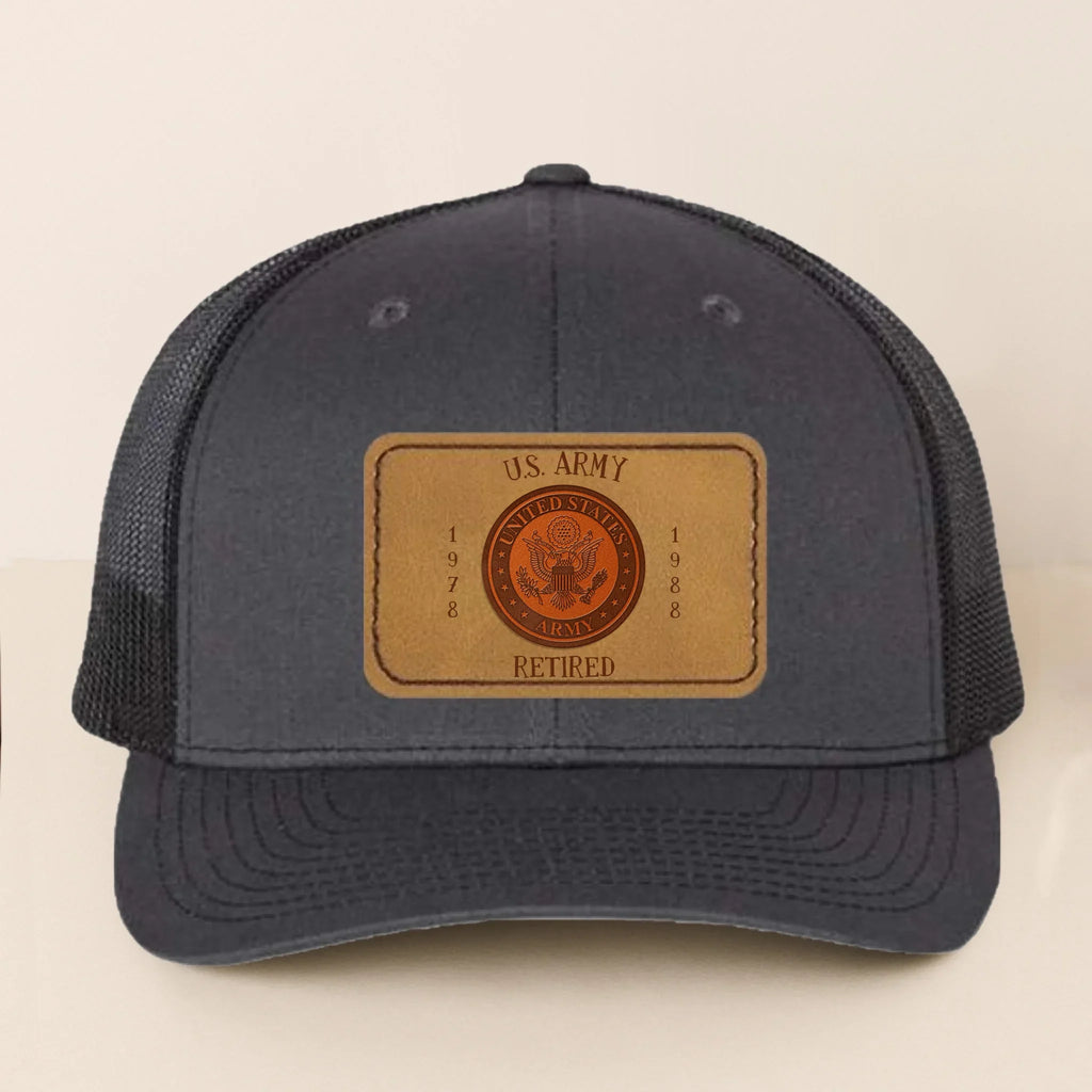 Custom Logo Veteran Retirement Gift Leather Patch Snapback Trucker Cap - Retirement/Veteran Gift For Dad