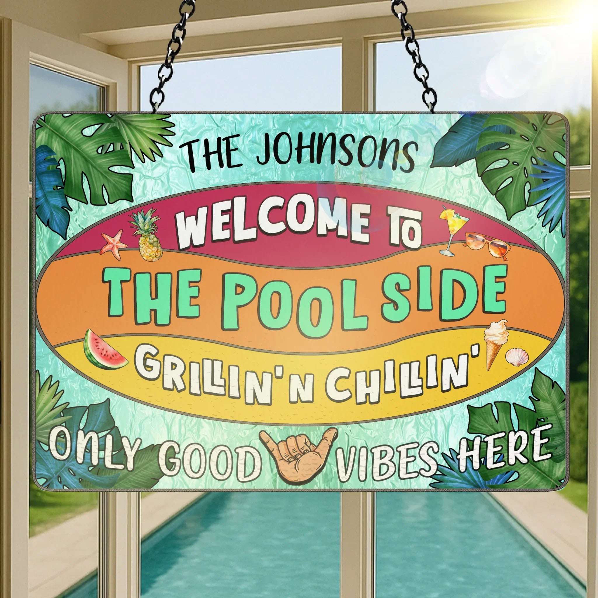 Personalized Welcome To The Poolside Grillin'n Chillin' Acrylic Suncatcher - Summer Gift Idea