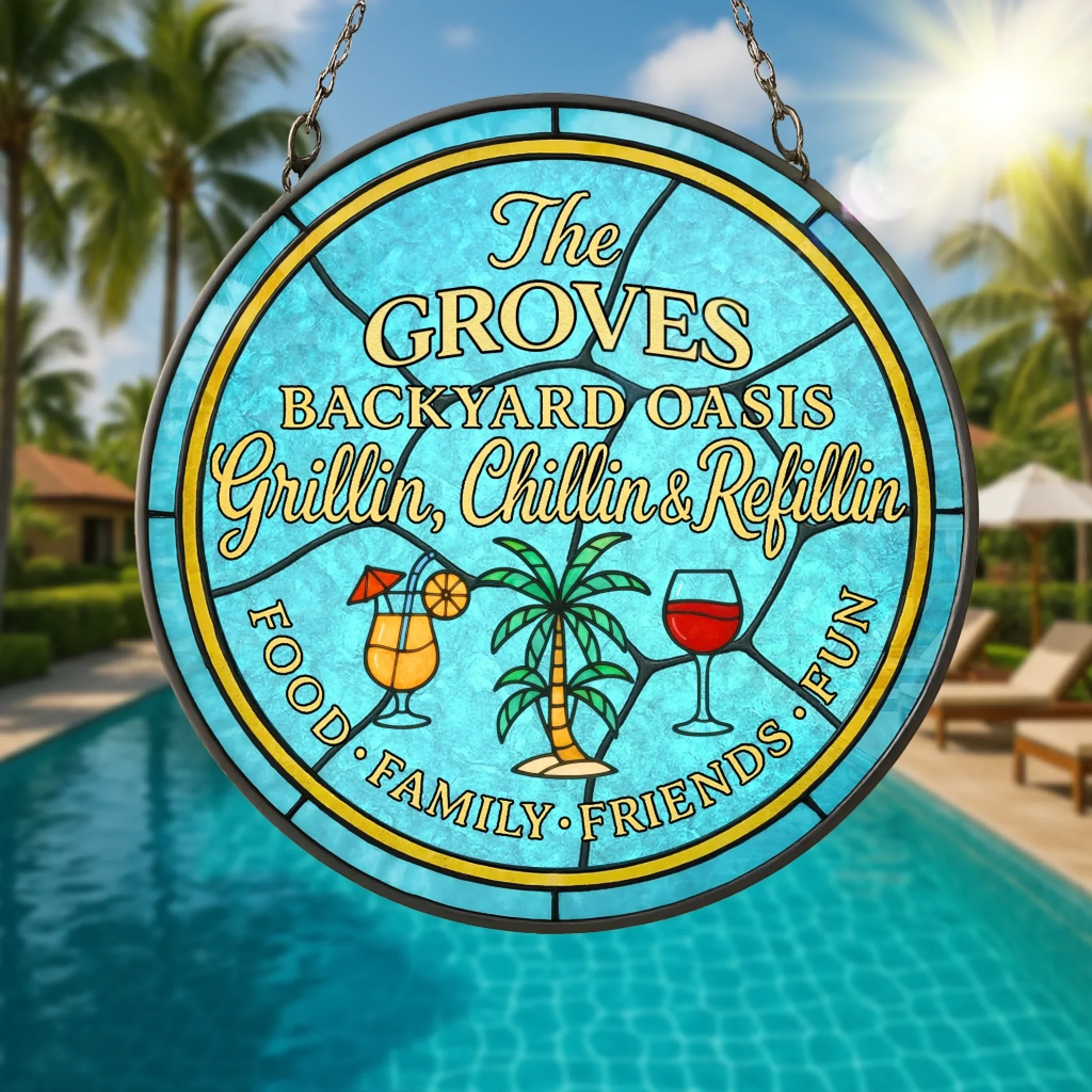 Personalized Patio Backyard Oasis Acrylic Suncatcher - Summer Gift Idea For Family - Food Family Friends Fun