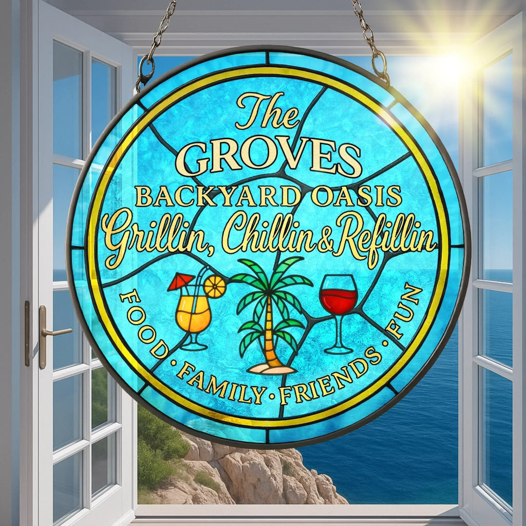 Personalized Patio Backyard Oasis Acrylic Suncatcher - Summer Gift Idea For Family - Food Family Friends Fun