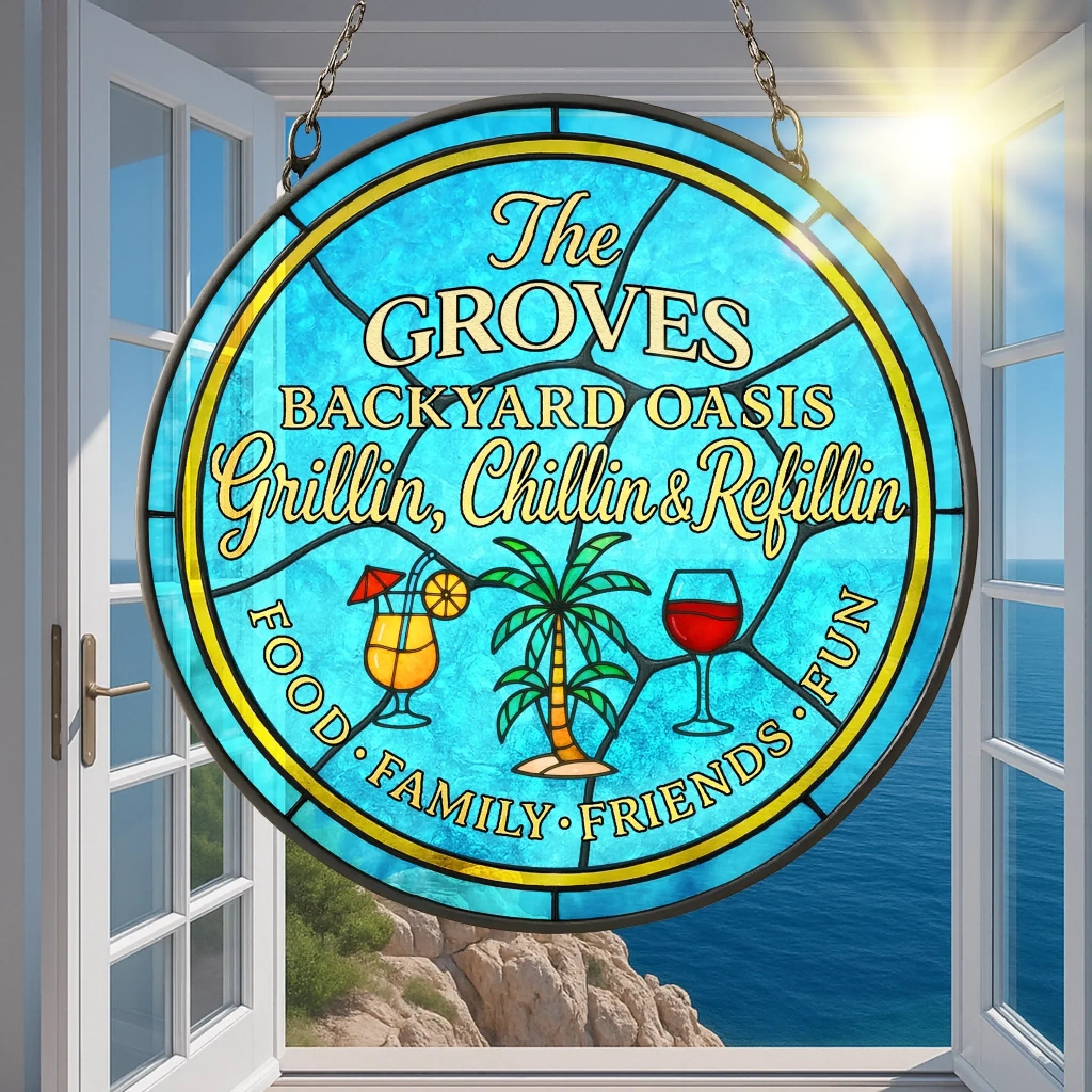 Personalized Patio Backyard Oasis Acrylic Suncatcher - Summer Gift Idea For Family - Food Family Friends Fun