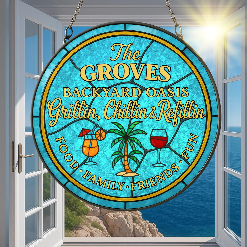 Personalized Patio Backyard Oasis Acrylic Suncatcher - Summer Gift Idea For Family - Food Family Friends Fun