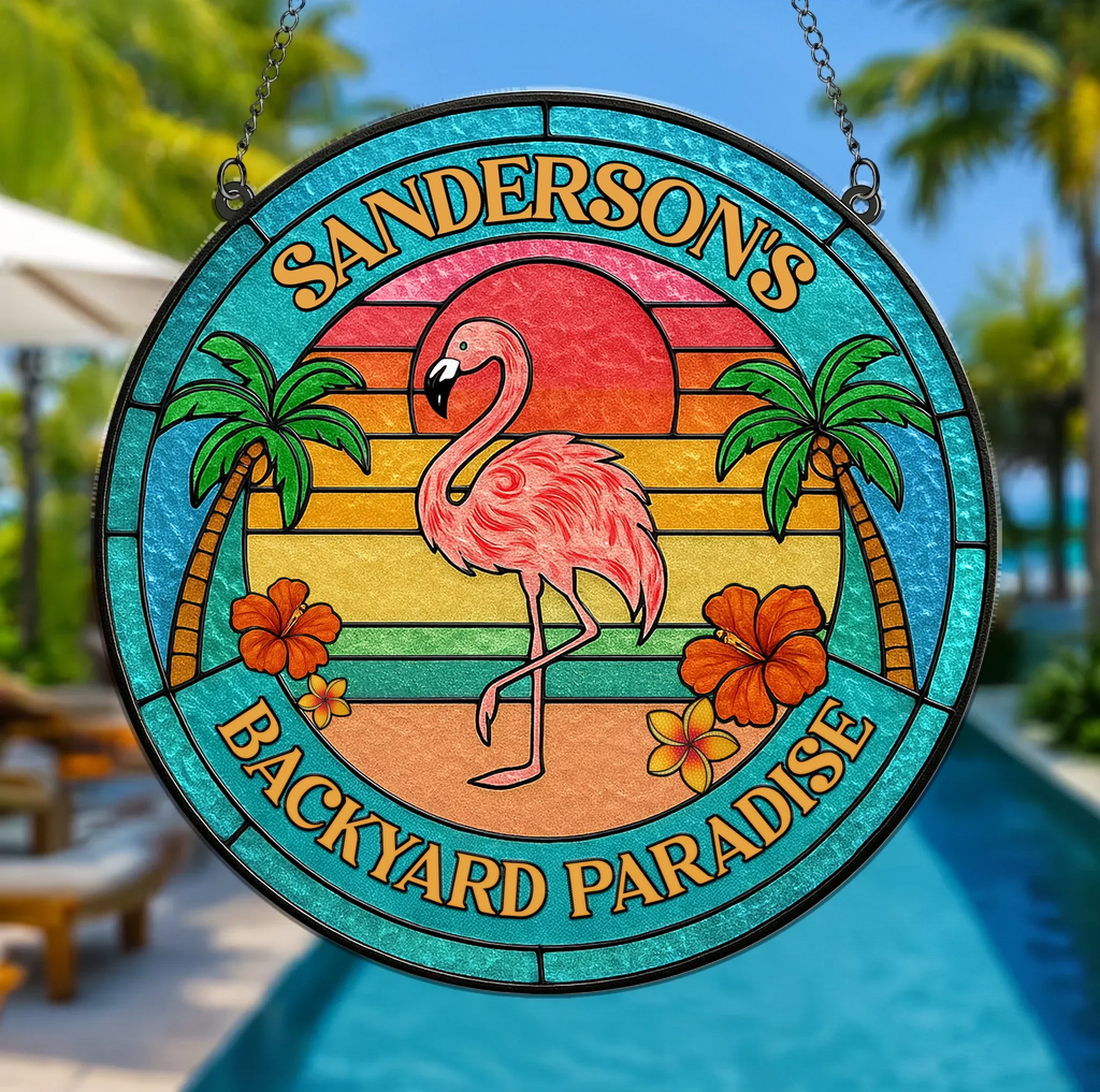 Personalized Flamingo Acrylic Suncatcher - Summer Gift Idea - Backyard Paradise