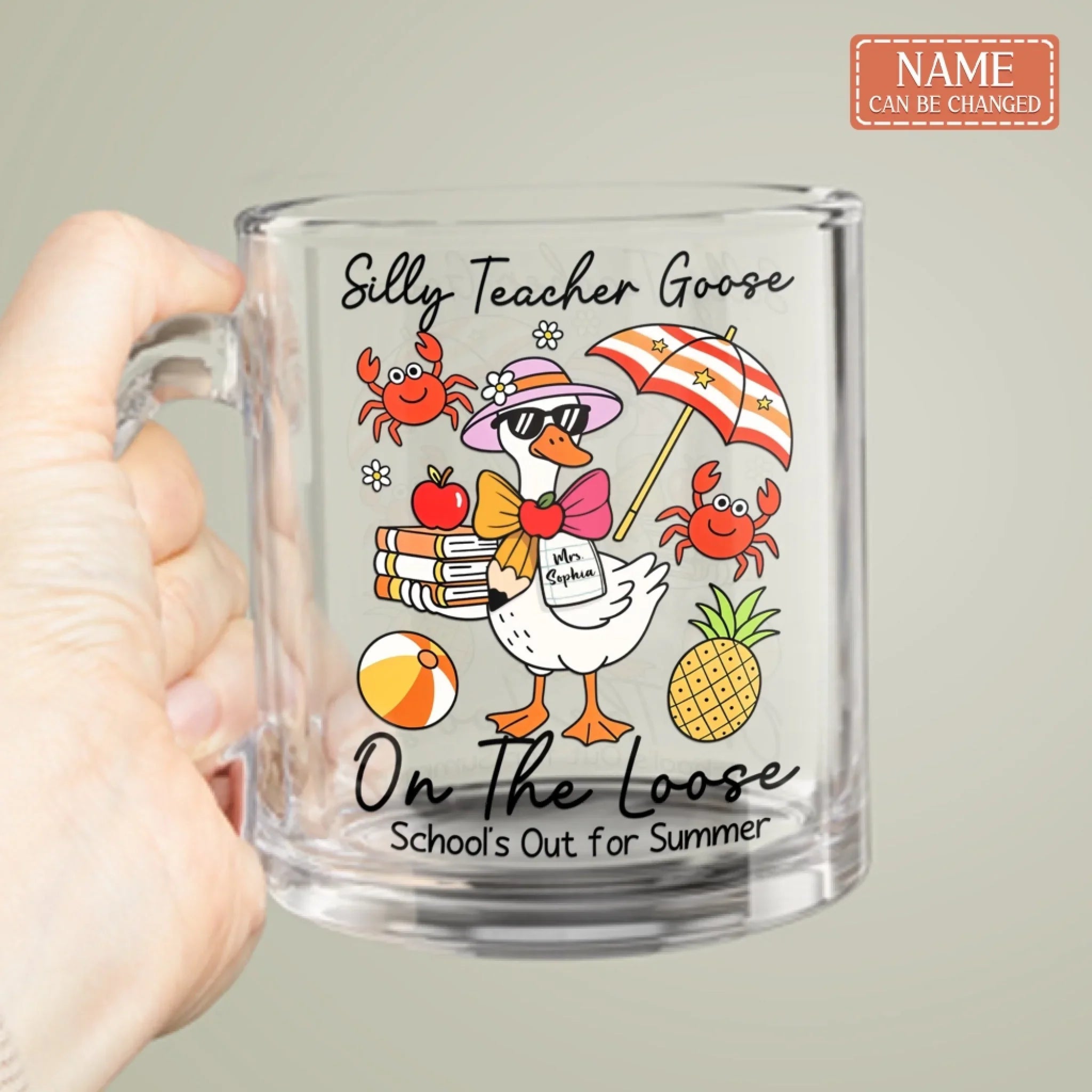 Custom Name Summer Silly Goose Teacher 10oz Glass Mug - Gift Idea For Teachers