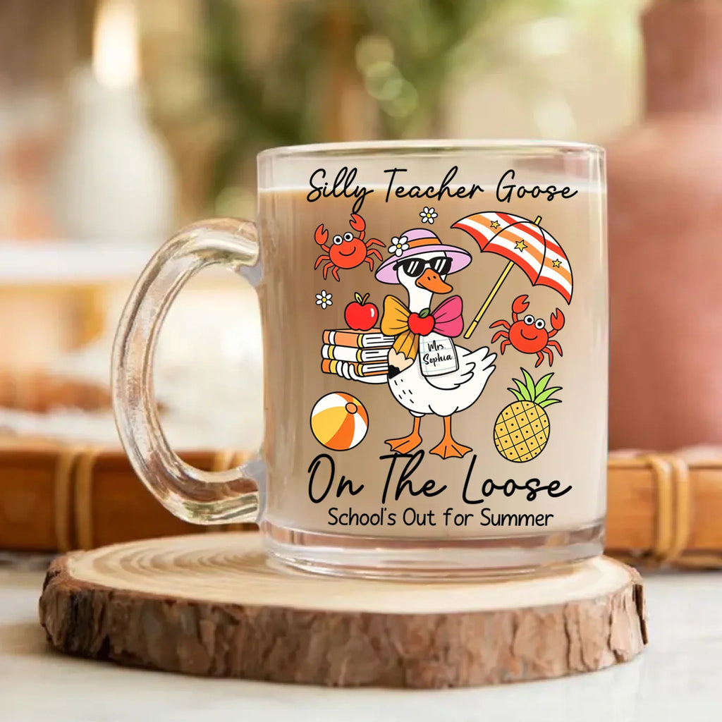 Custom Name Summer Silly Goose Teacher 10oz Glass Mug - Gift Idea For Teachers