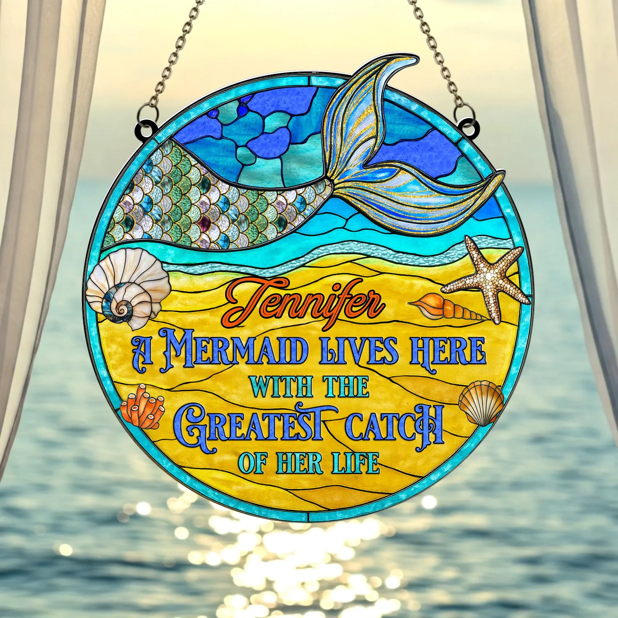 Personalized Mermaid Acrylic Suncatcher - Summer Gift Idea - A Mermaid Lives Here With The Greatest Catch Of Her Life