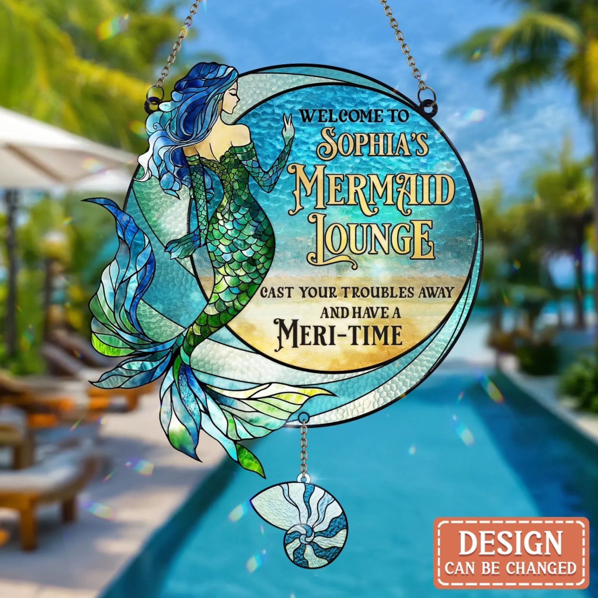 Personalized Welcome To Mermaid Lounge Acrylic Suncatcher With Charm - Cast Your Troubles Away - Gift Idea For Friend
