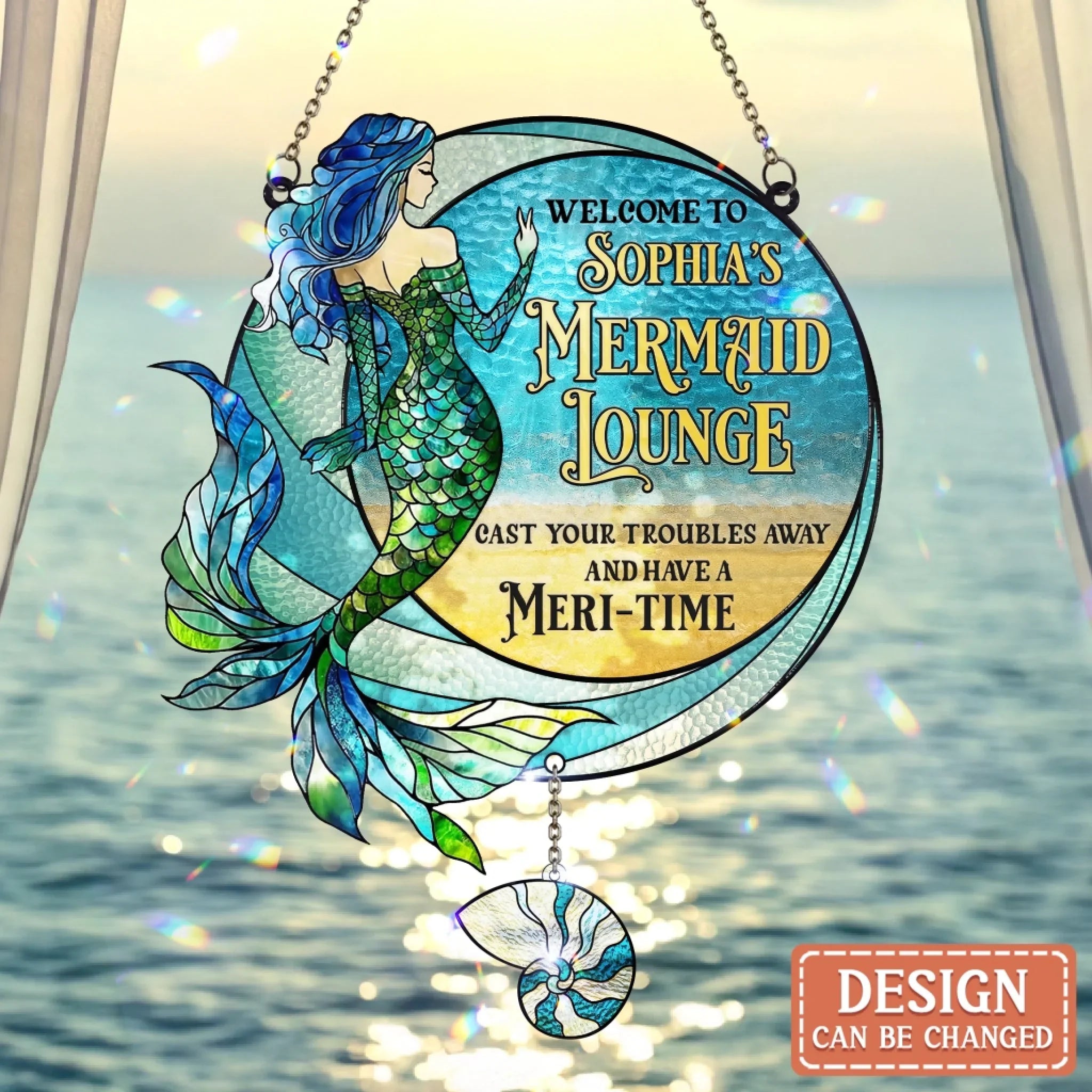 Personalized Welcome To Mermaid Lounge Acrylic Suncatcher With Charm - Cast Your Troubles Away - Gift Idea For Friend