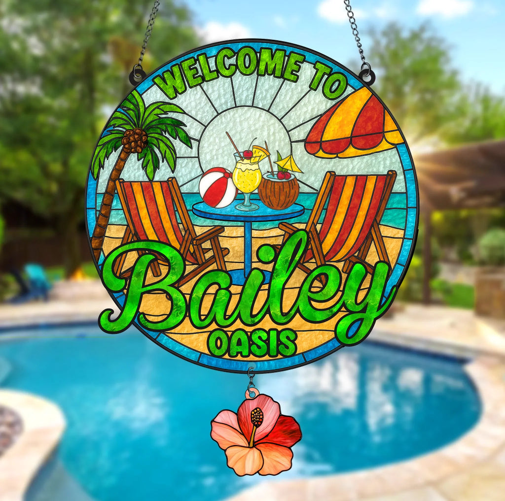 Personalized Poolside Acrylic Suncatcher - Summer Gift Idea - Welcome To Oasis