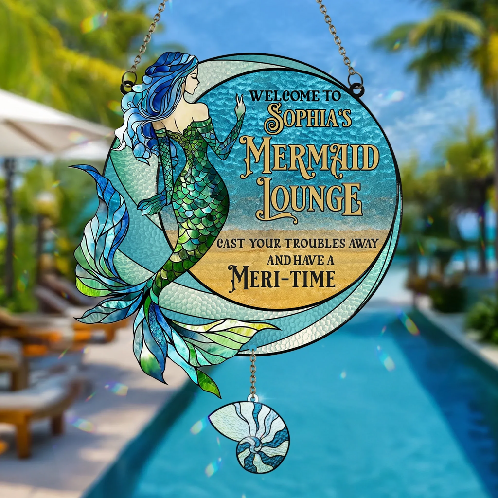 Personalized Welcome To Mermaid Lounge Acrylic Suncatcher With Charm - Cast Your Troubles Away - Gift Idea For Friend