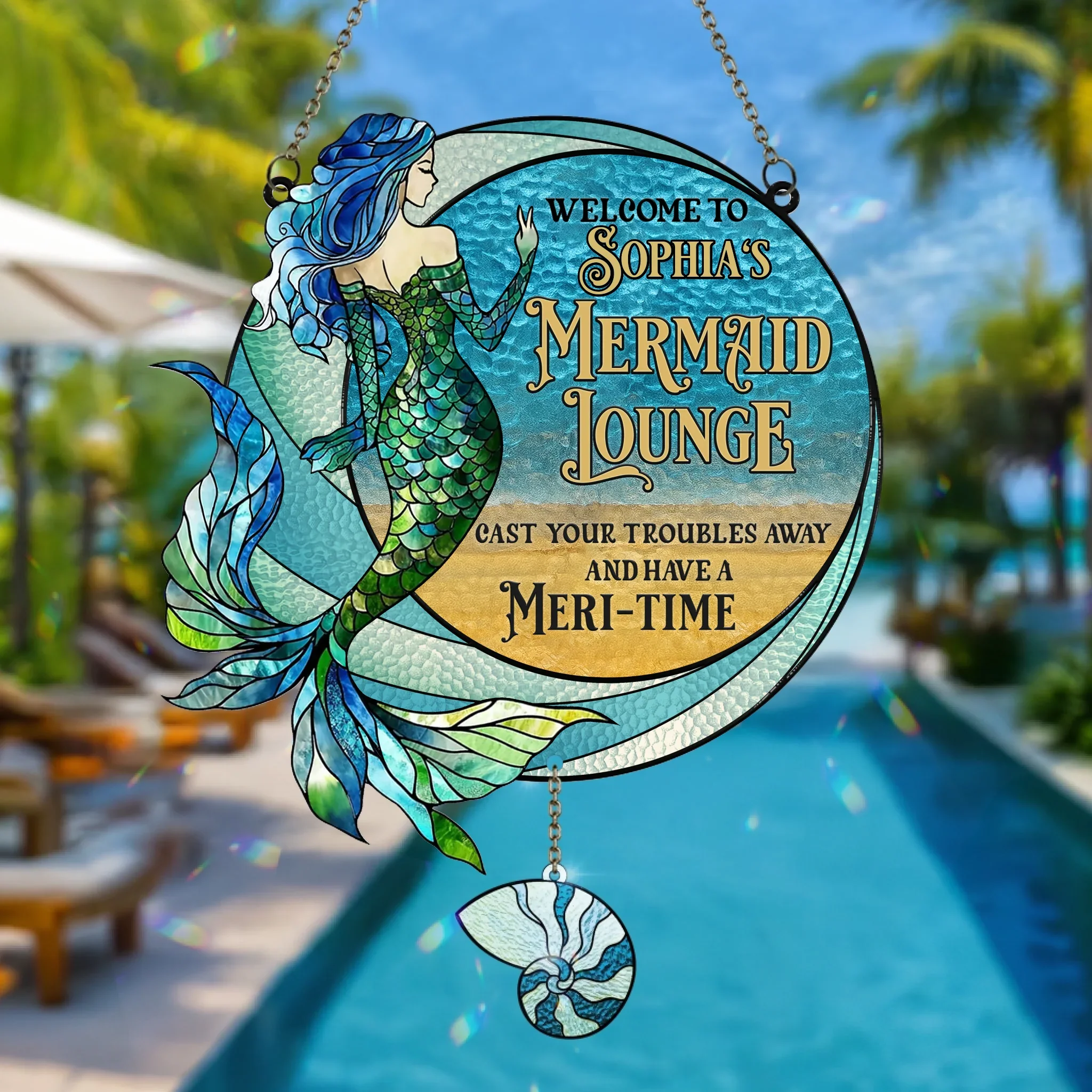 Personalized Welcome To Mermaid Lounge Acrylic Suncatcher With Charm - Cast Your Troubles Away - Gift Idea For Friend