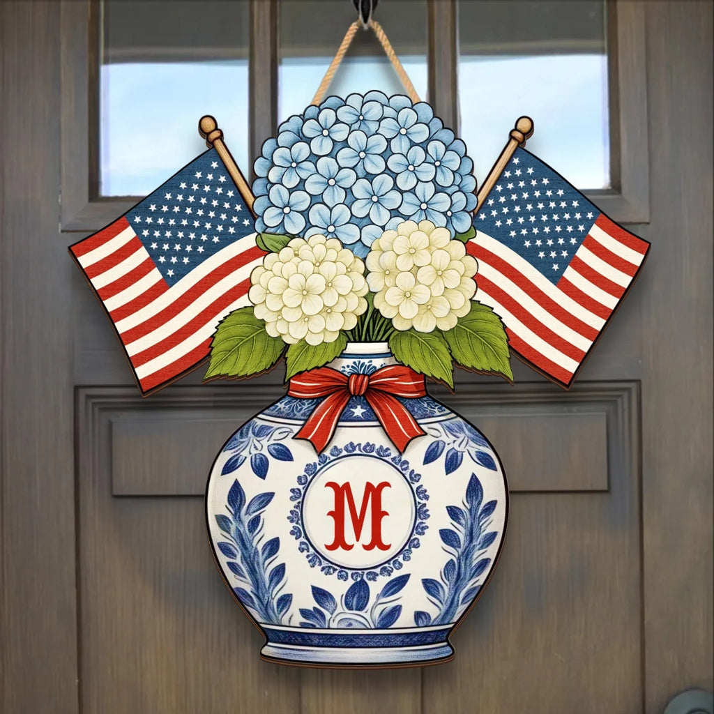 Personalized Patriotic Chinoiserie Blue Hydrangeas Door Hanger - Wooden Sign Gift Idea For Family
