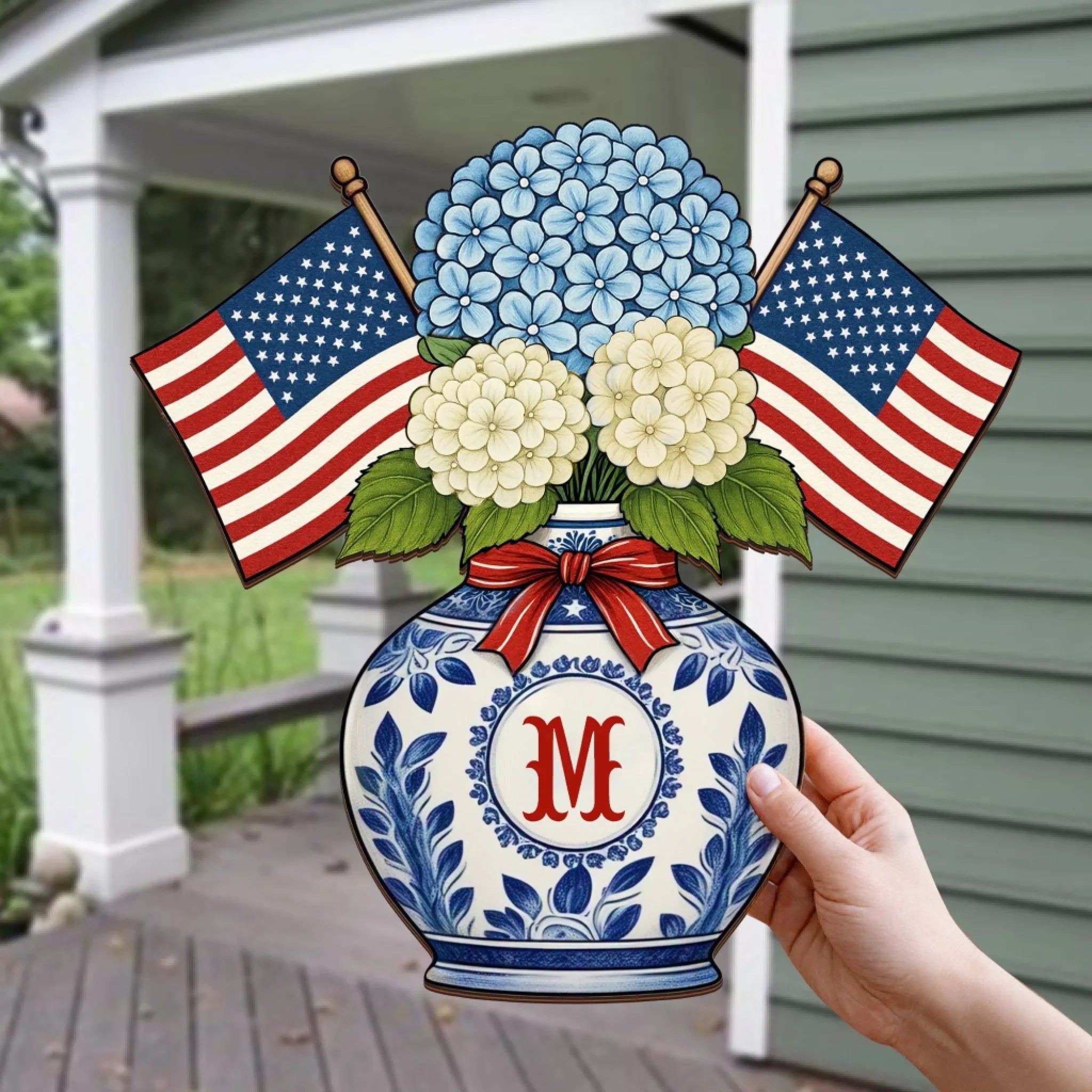 Personalized Patriotic Chinoiserie Blue Hydrangeas Door Hanger - Wooden Sign Gift Idea For Family