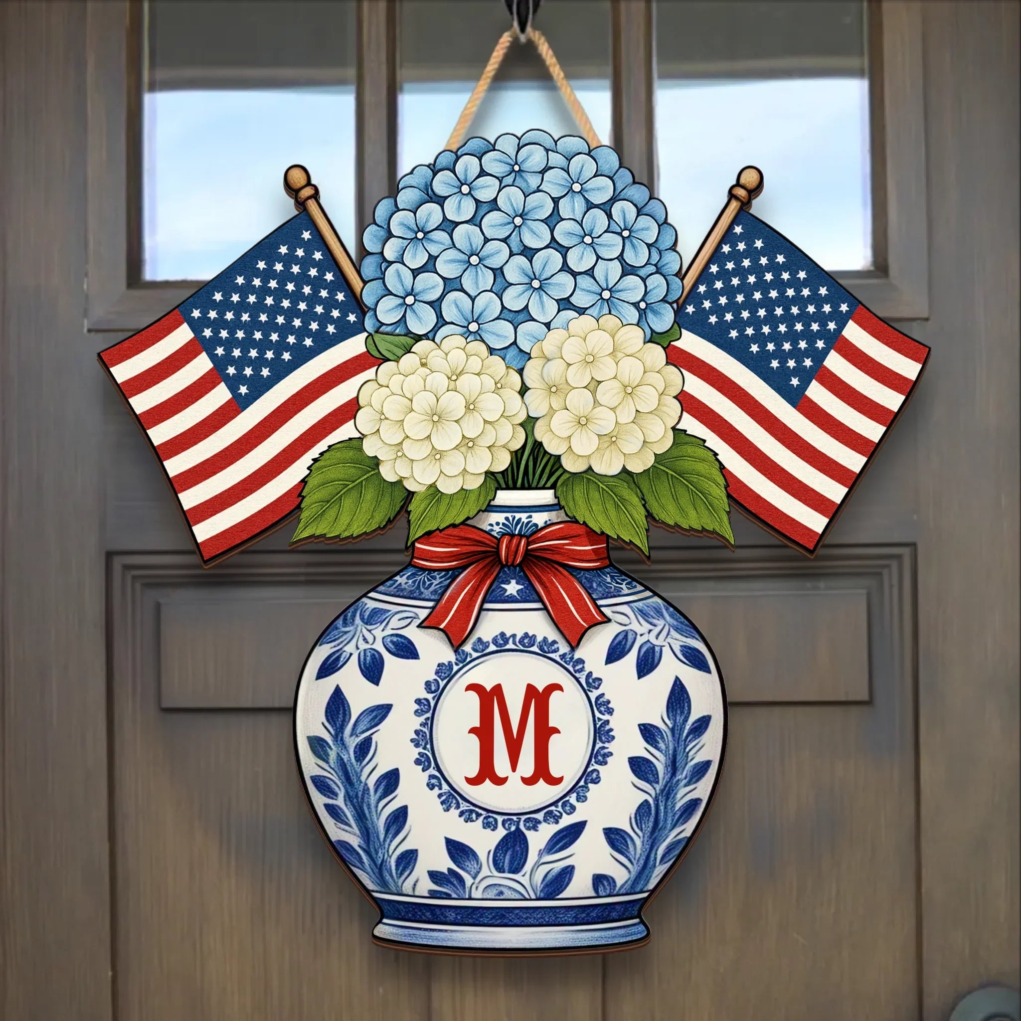Personalized Patriotic Chinoiserie Blue Hydrangeas Door Hanger - Wooden Sign Gift Idea For Family