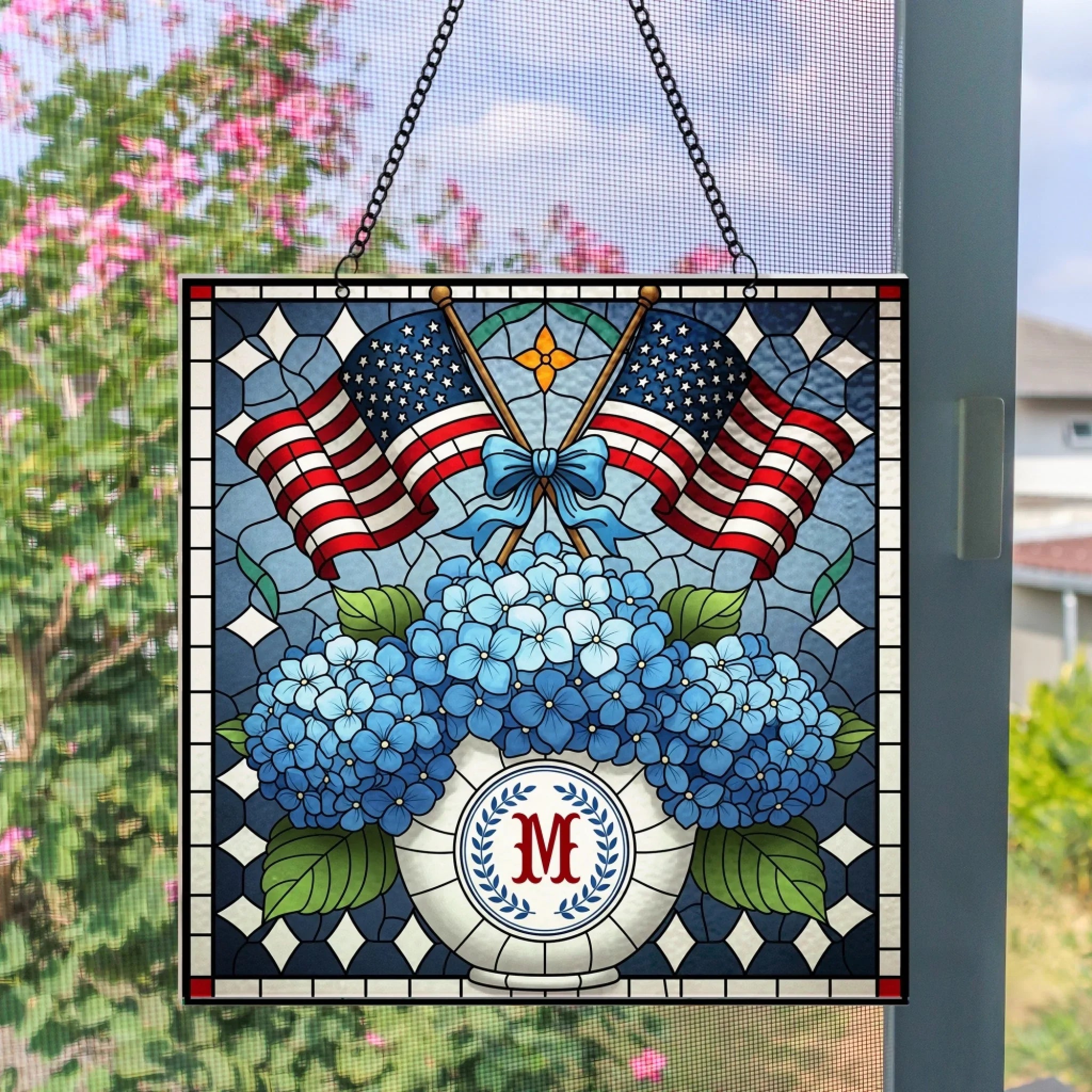 Personalized Patriotic Chinoiserie Blue Hydrangeas Acrylic Suncatcher - Window Hanging Gift For Family