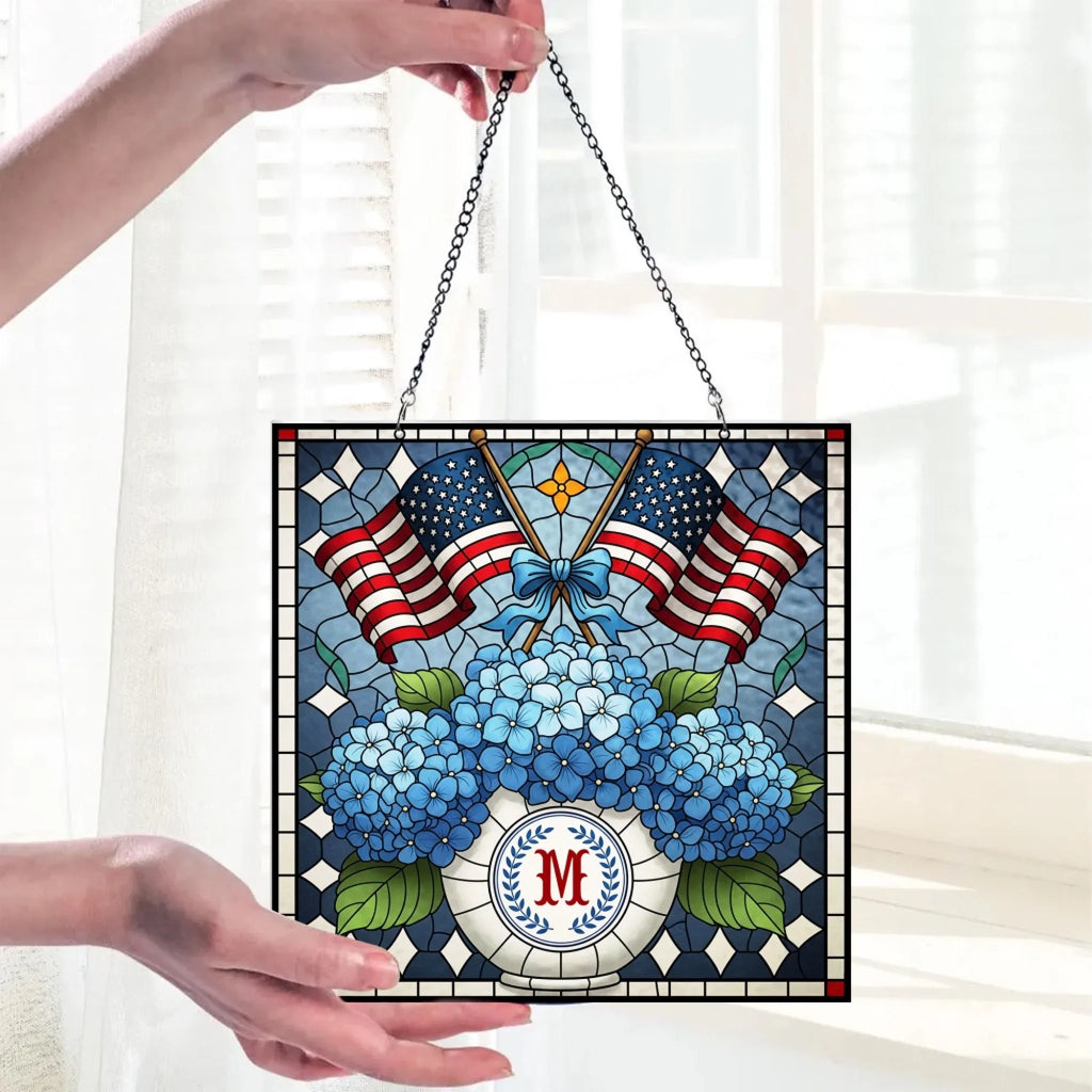 Personalized Patriotic Chinoiserie Blue Hydrangeas Acrylic Suncatcher - Window Hanging Gift For Family