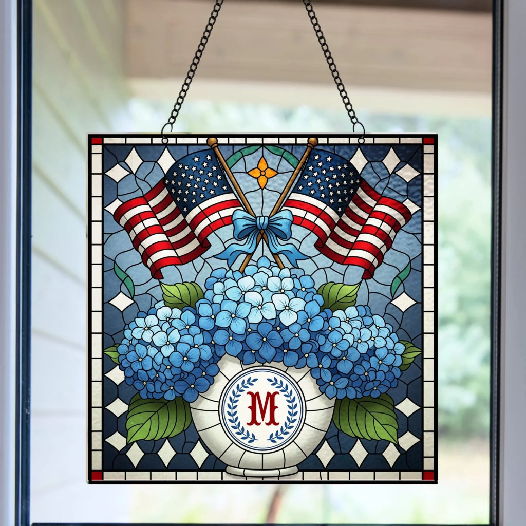 Personalized Patriotic Chinoiserie Blue Hydrangeas Acrylic Suncatcher - Window Hanging Gift For Family