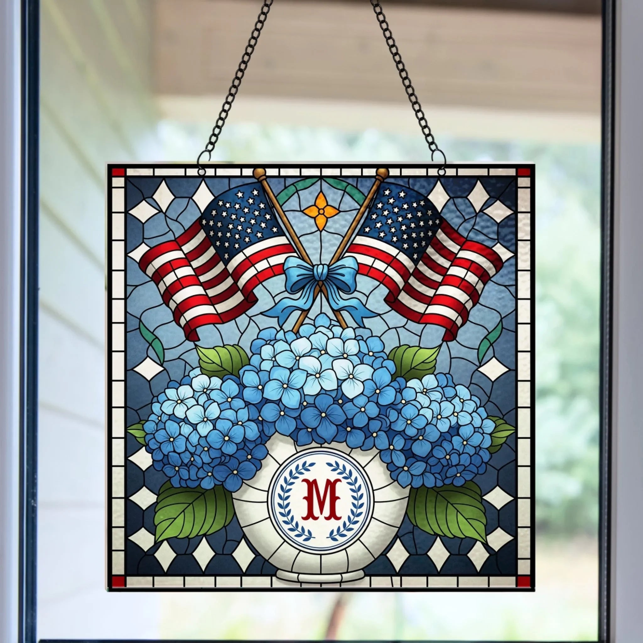 Personalized Patriotic Chinoiserie Blue Hydrangeas Acrylic Suncatcher - Window Hanging Gift For Family
