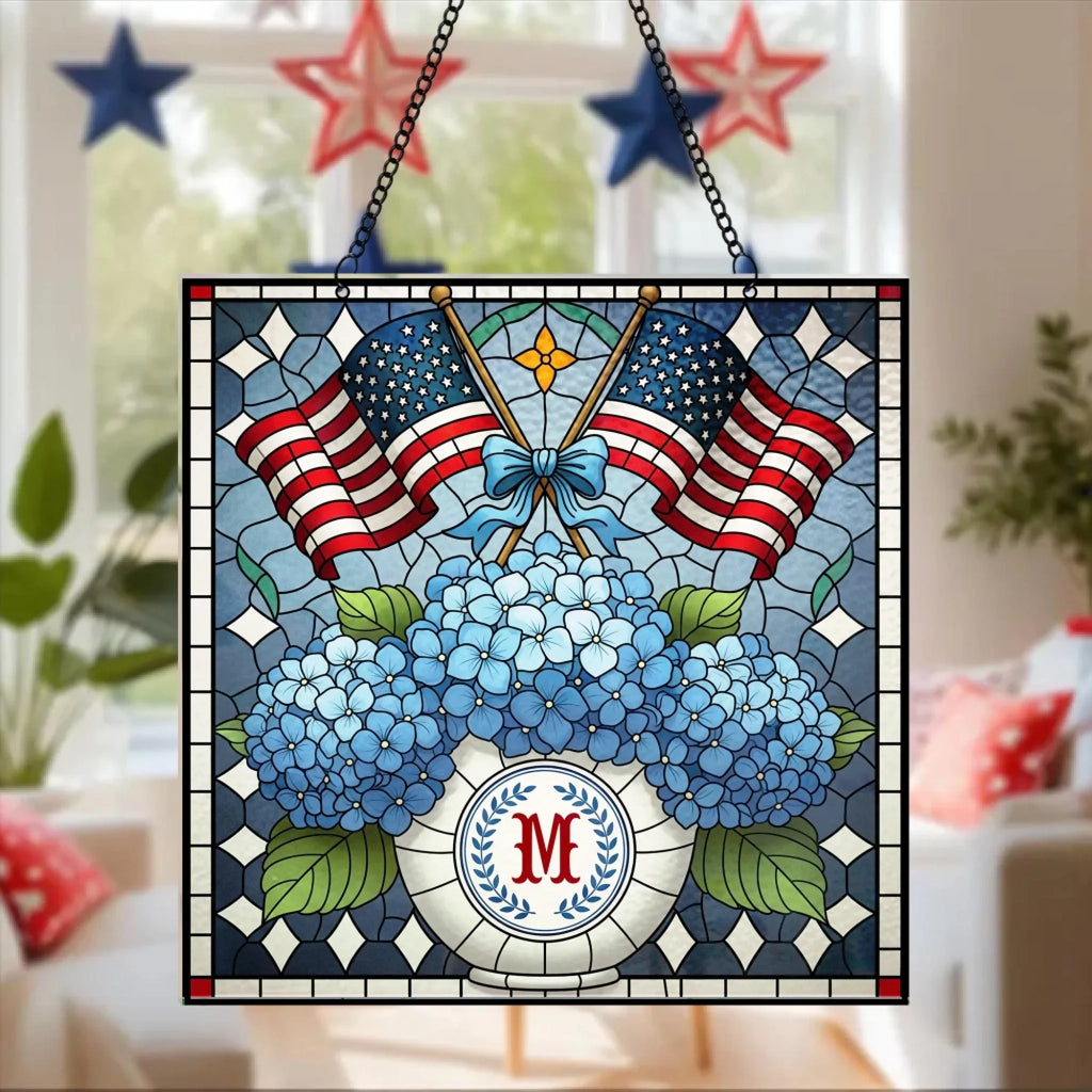 Personalized Patriotic Chinoiserie Blue Hydrangeas Acrylic Suncatcher - Window Hanging Gift For Family