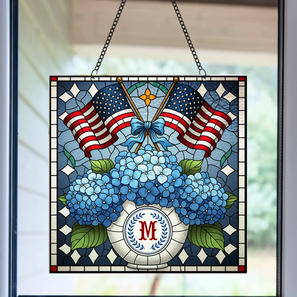 Personalized Patriotic Chinoiserie Blue Hydrangeas Acrylic Suncatcher - Window Hanging Gift For Family