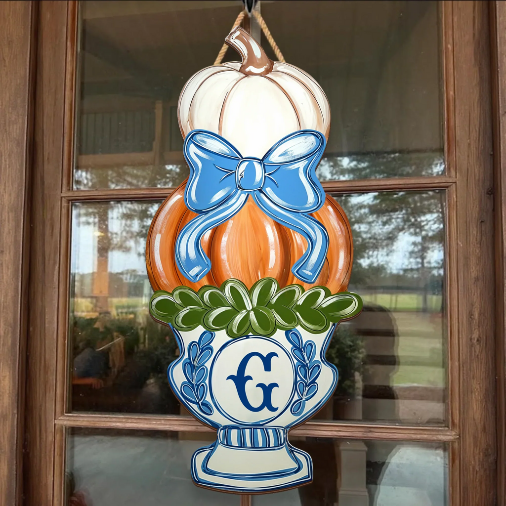 Personalized Chinoiserie Pumpkin Vase Door Hanger - Wooden Sign Gift Idea For Family