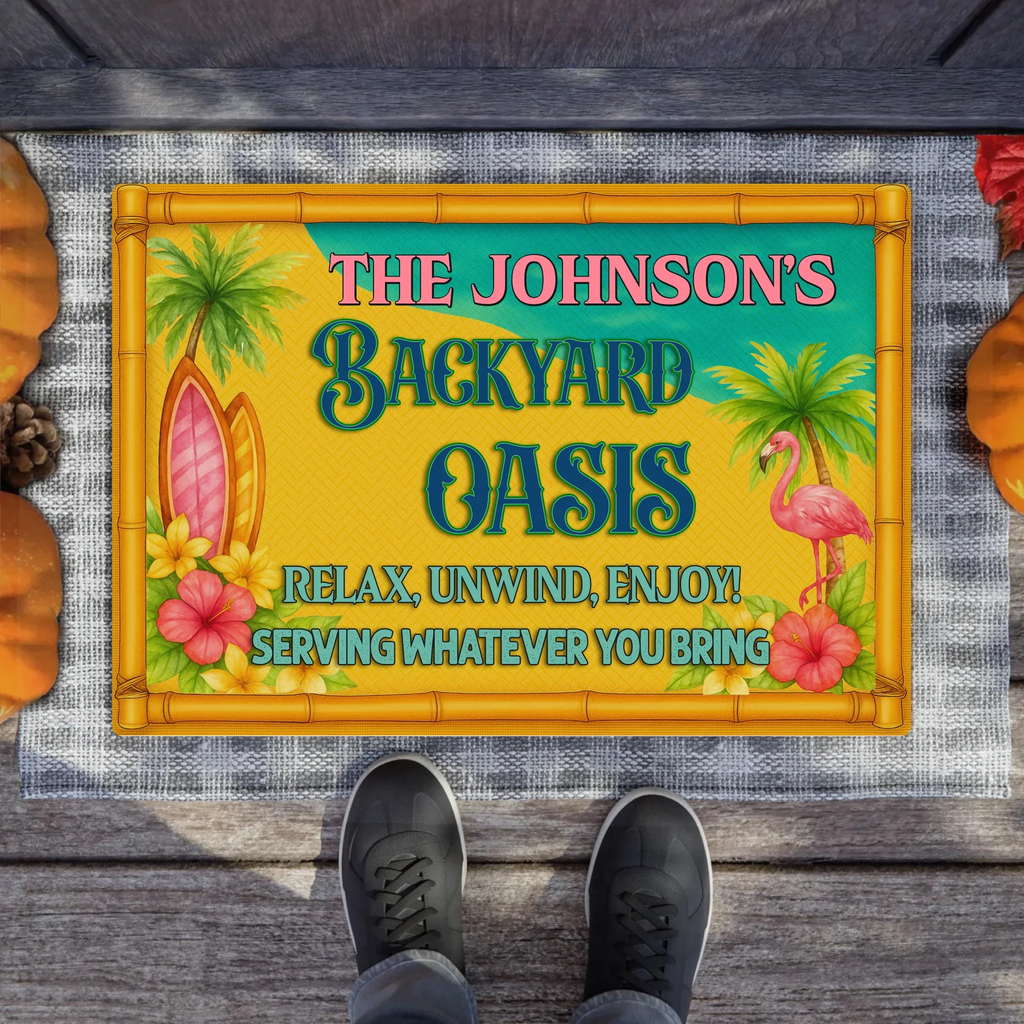 Personalized Backyard Oasis Doormat -  Tropical Welcome Mat - Relax Unwind Enjoy